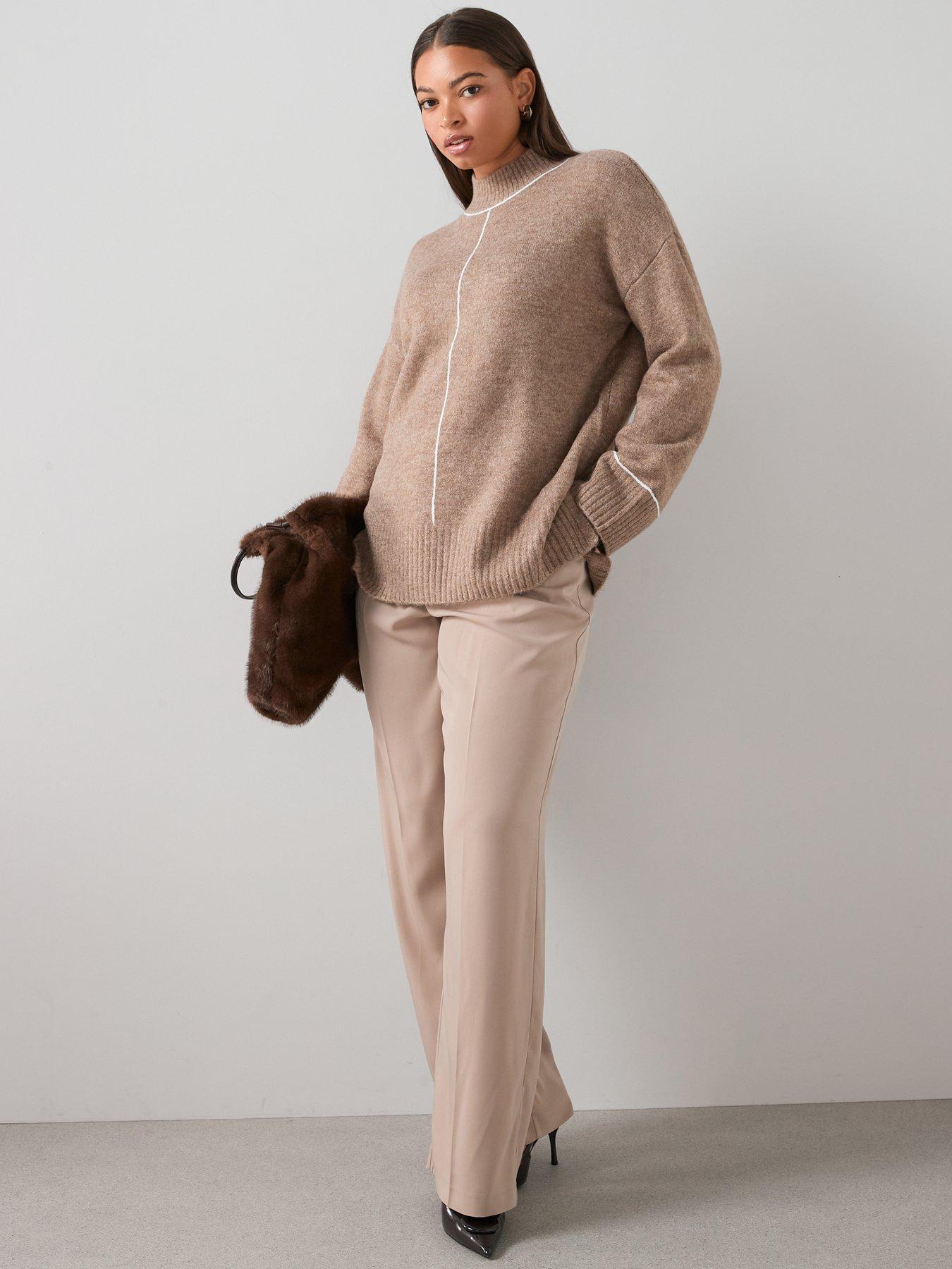  image of the-very-collection-curve-contrast-stitch-longline-jumper-beige
