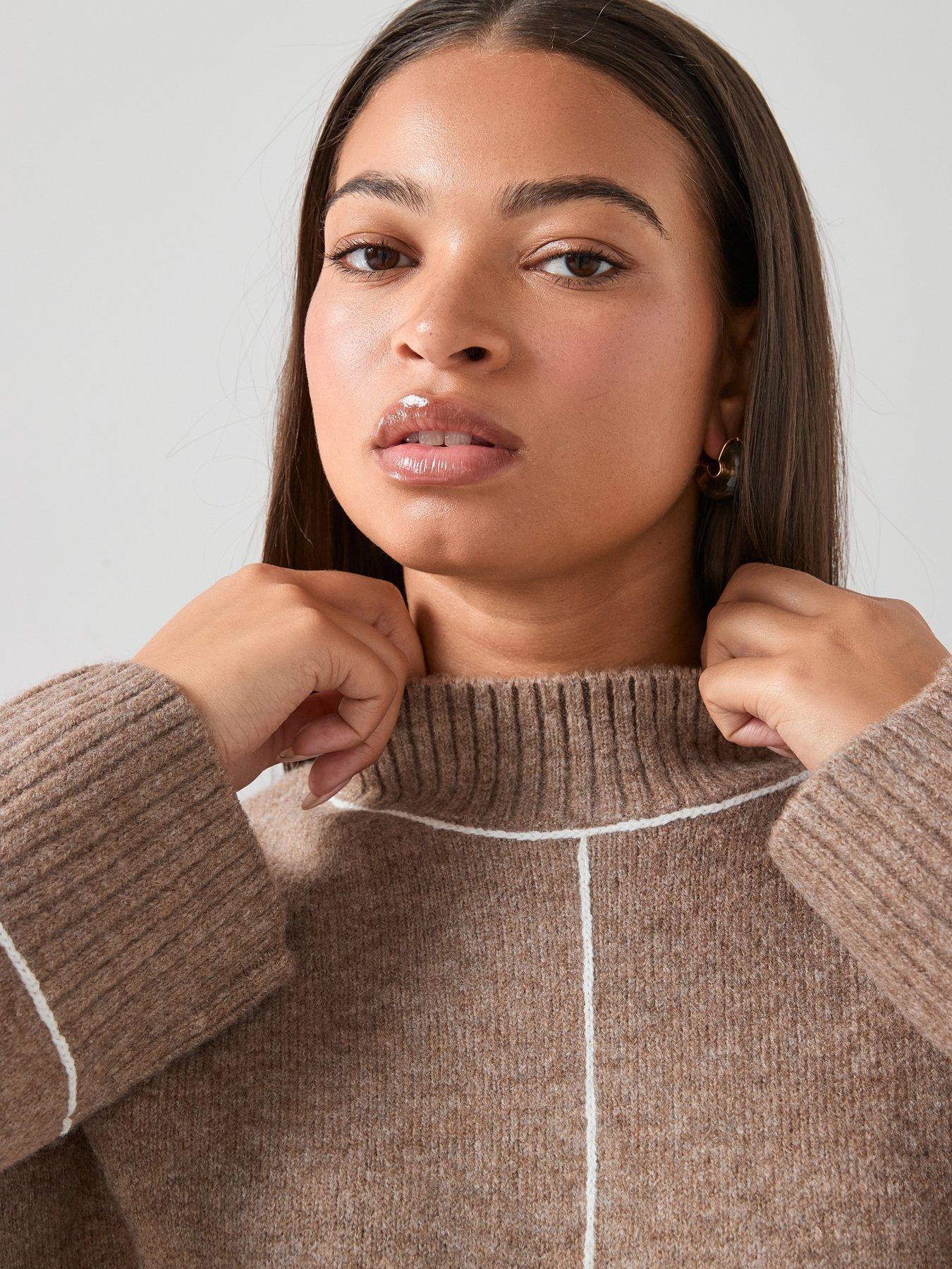  image of the-very-collection-curve-contrast-stitch-longline-jumper-beige