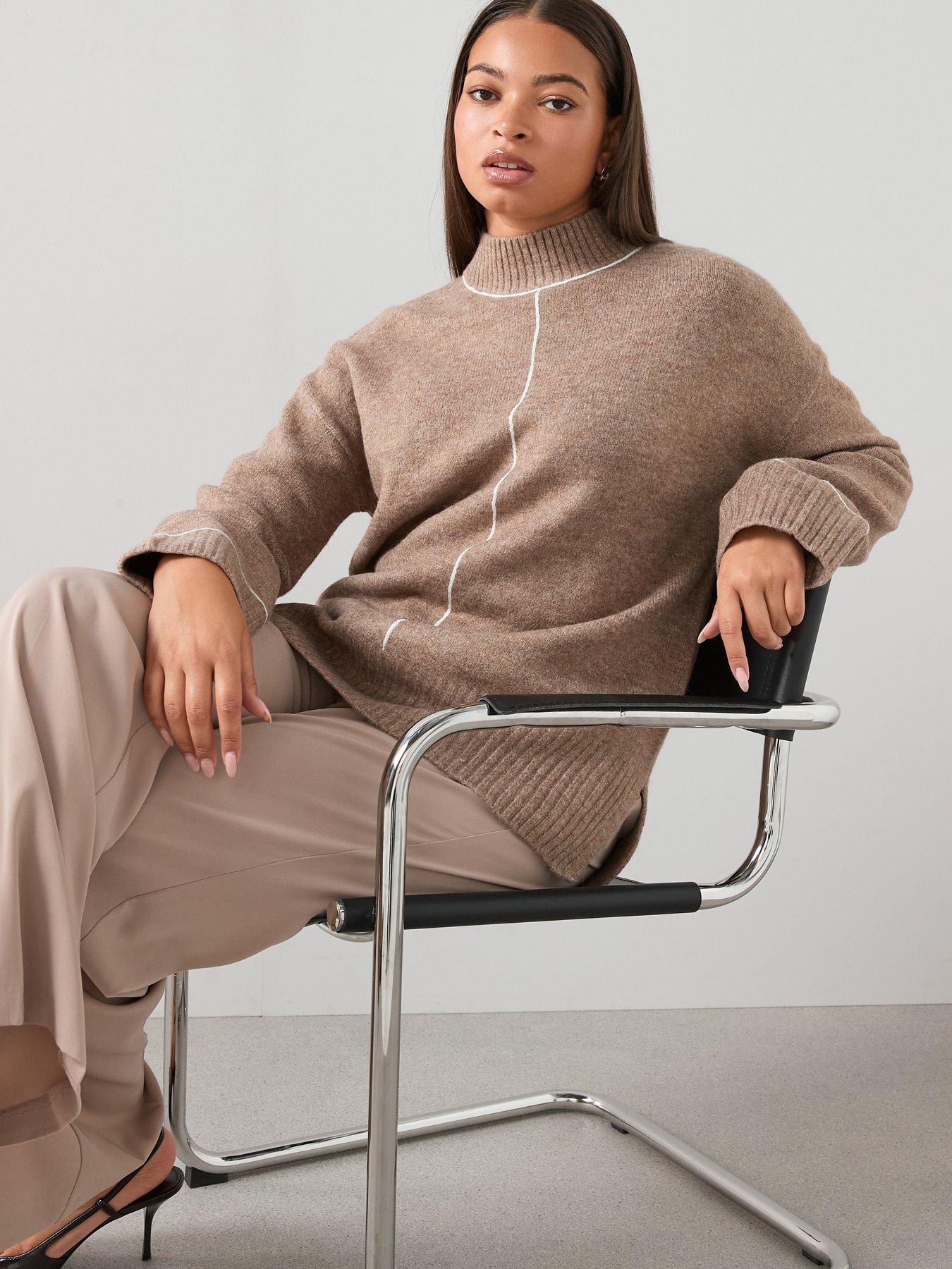  image of the-very-collection-curve-contrast-stitch-longline-jumper-beige