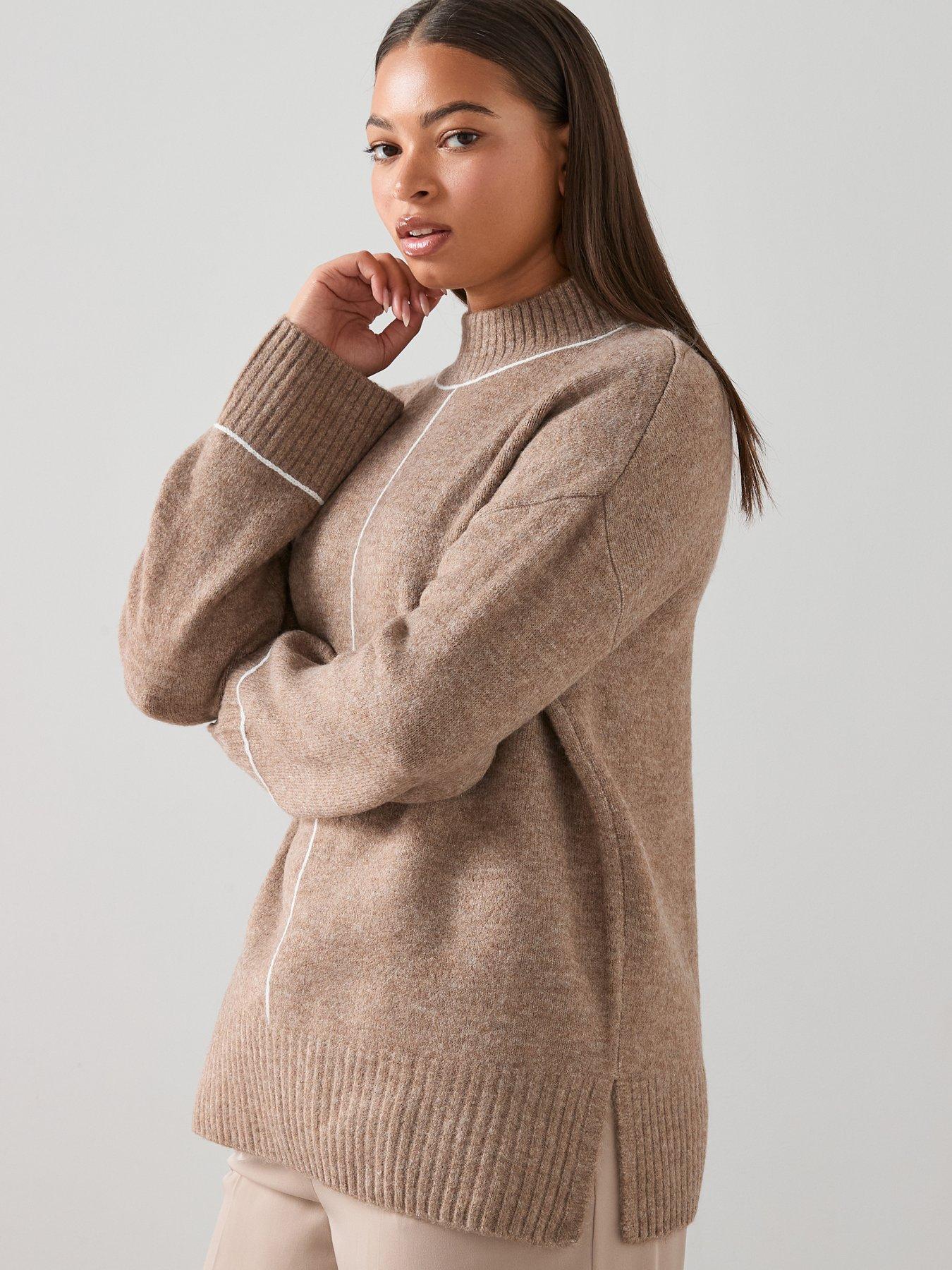  image of the-very-collection-curve-contrast-stitch-longline-jumper-beige