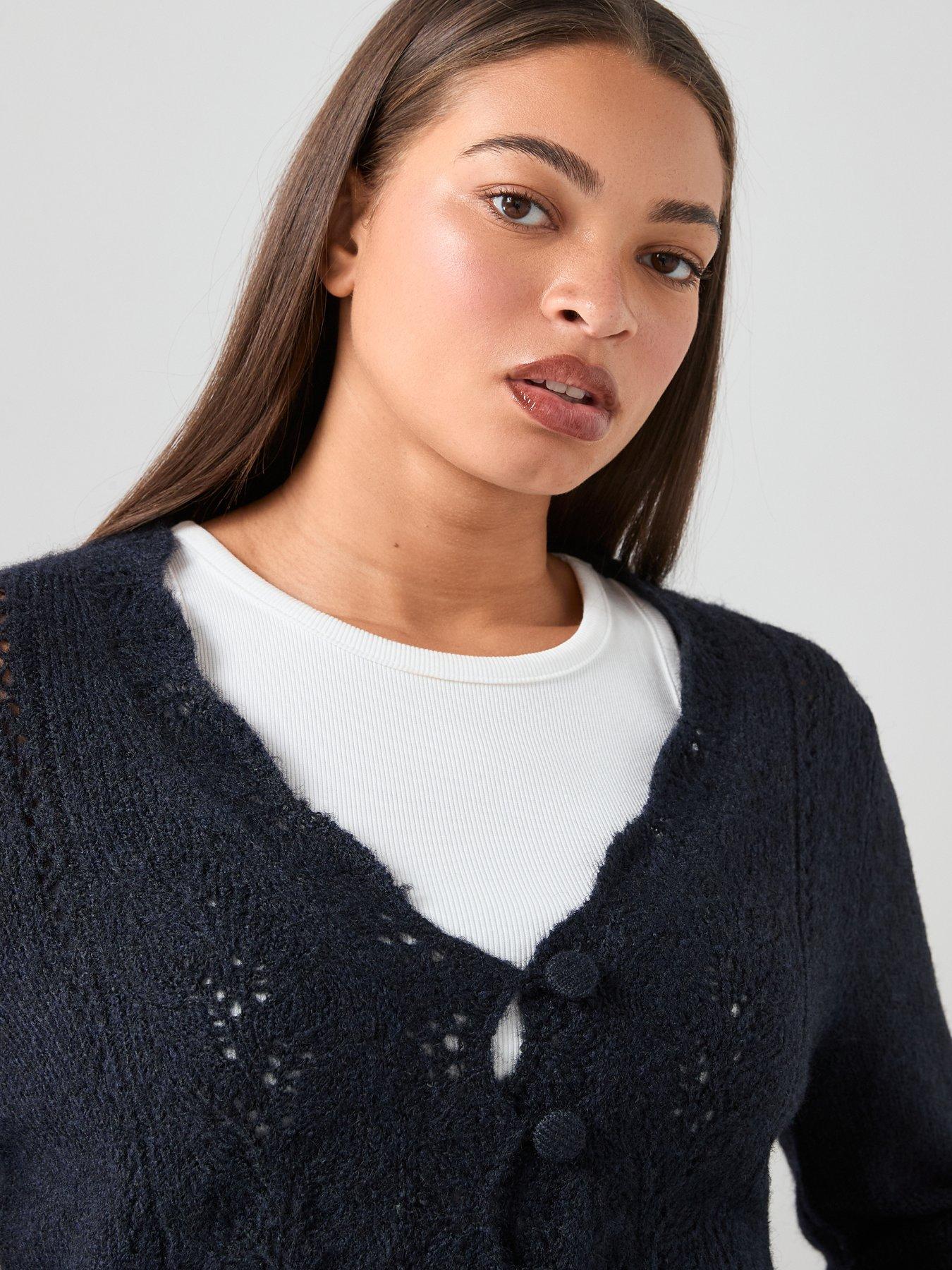 Image 4 of 6 of The Very Collection Curve Pointelle Knitted Cardigan - Navy