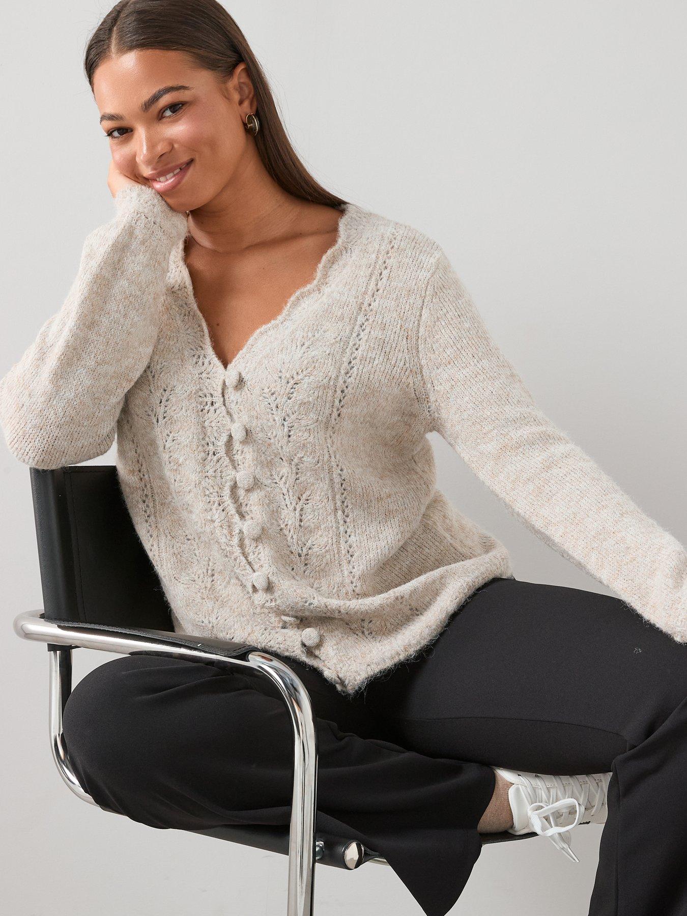 Image 5 of 7 of The Very Collection Curve Pointelle Knitted Cardigan - Beige