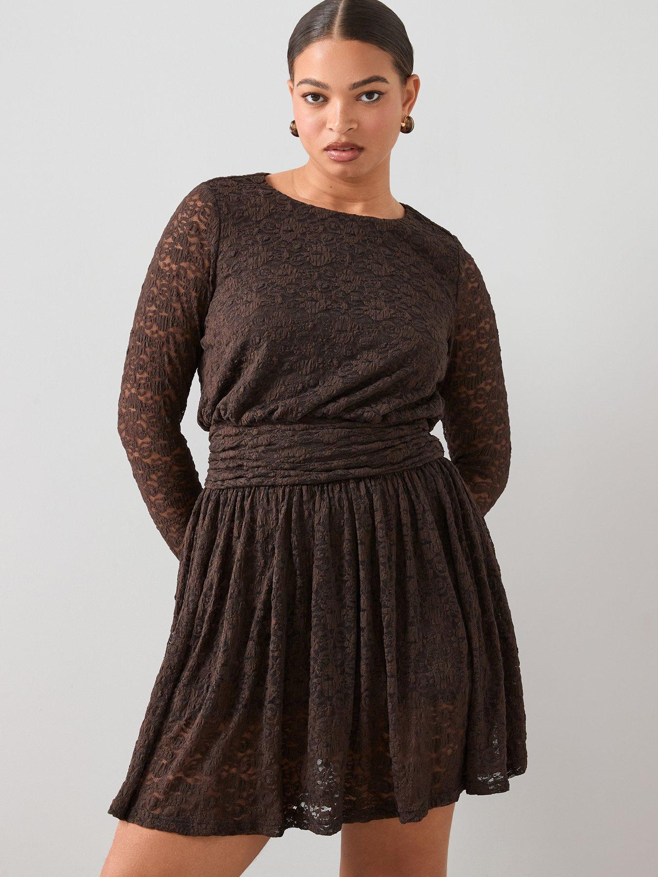  image of the-very-collection-curve-lace-ruched-mini-dress-brown