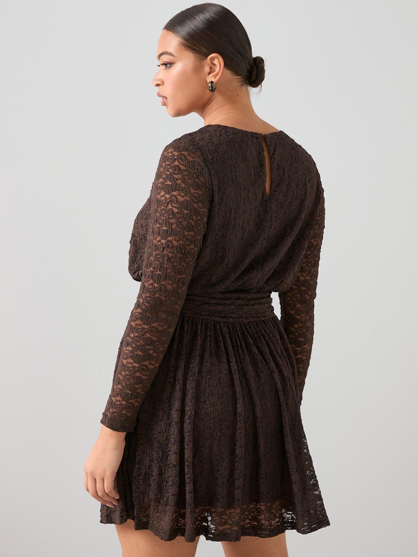  image of the-very-collection-curve-lace-ruched-mini-dress-brown