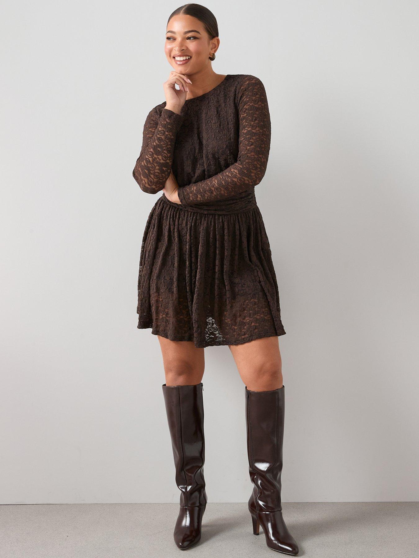  image of the-very-collection-curve-lace-ruched-mini-dress-brown