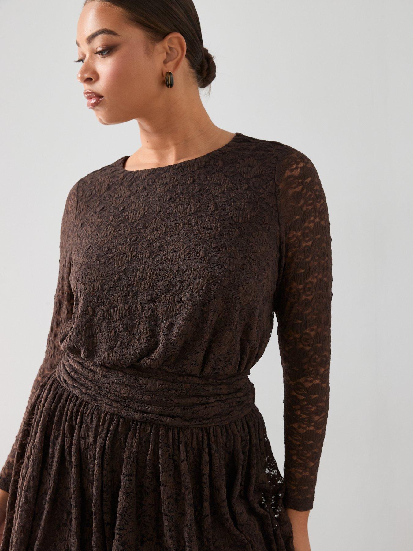  image of the-very-collection-curve-lace-ruched-mini-dress-brown