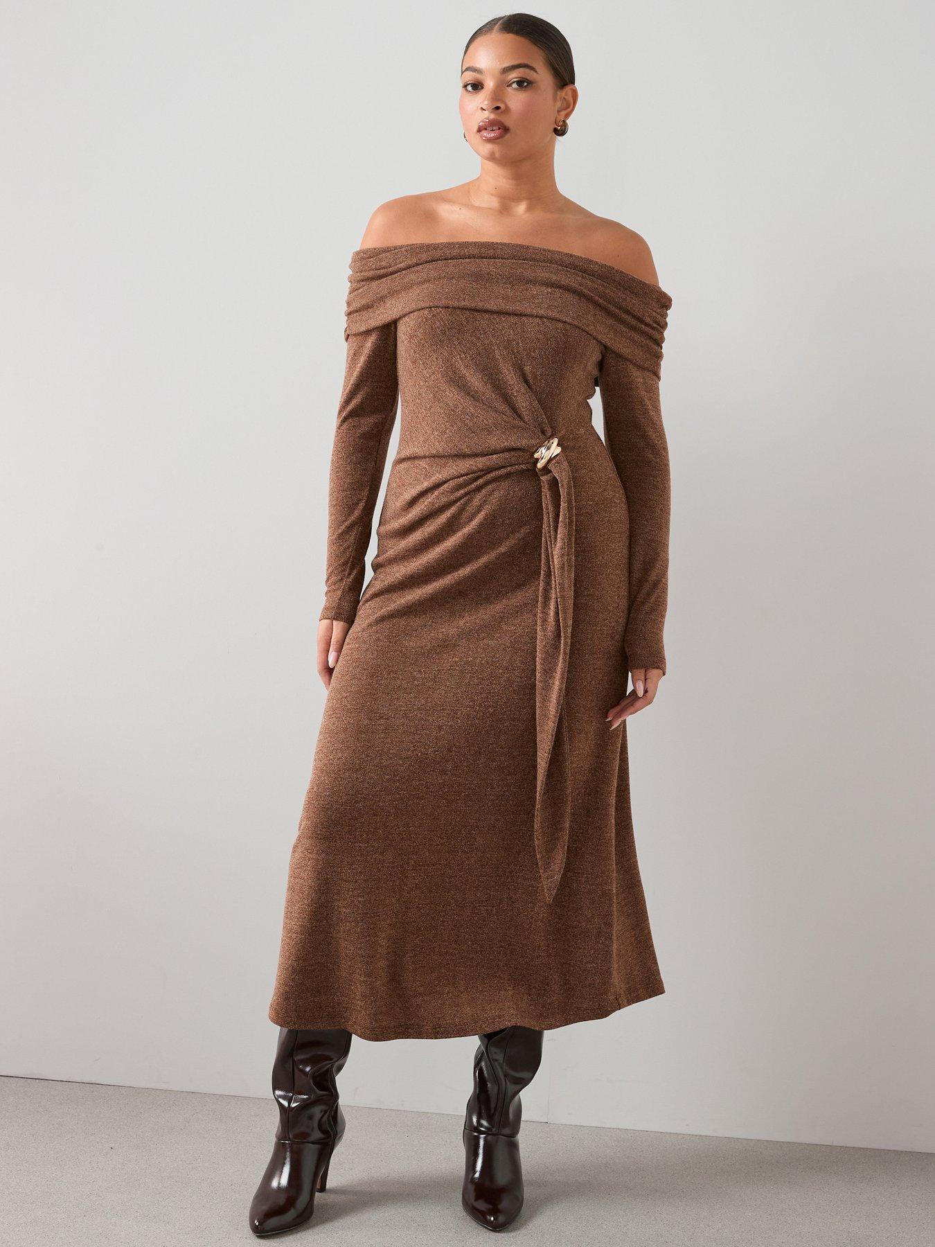  image of the-very-collection-curve-trim-detail-off-shoulder-midaxi-dress-brown