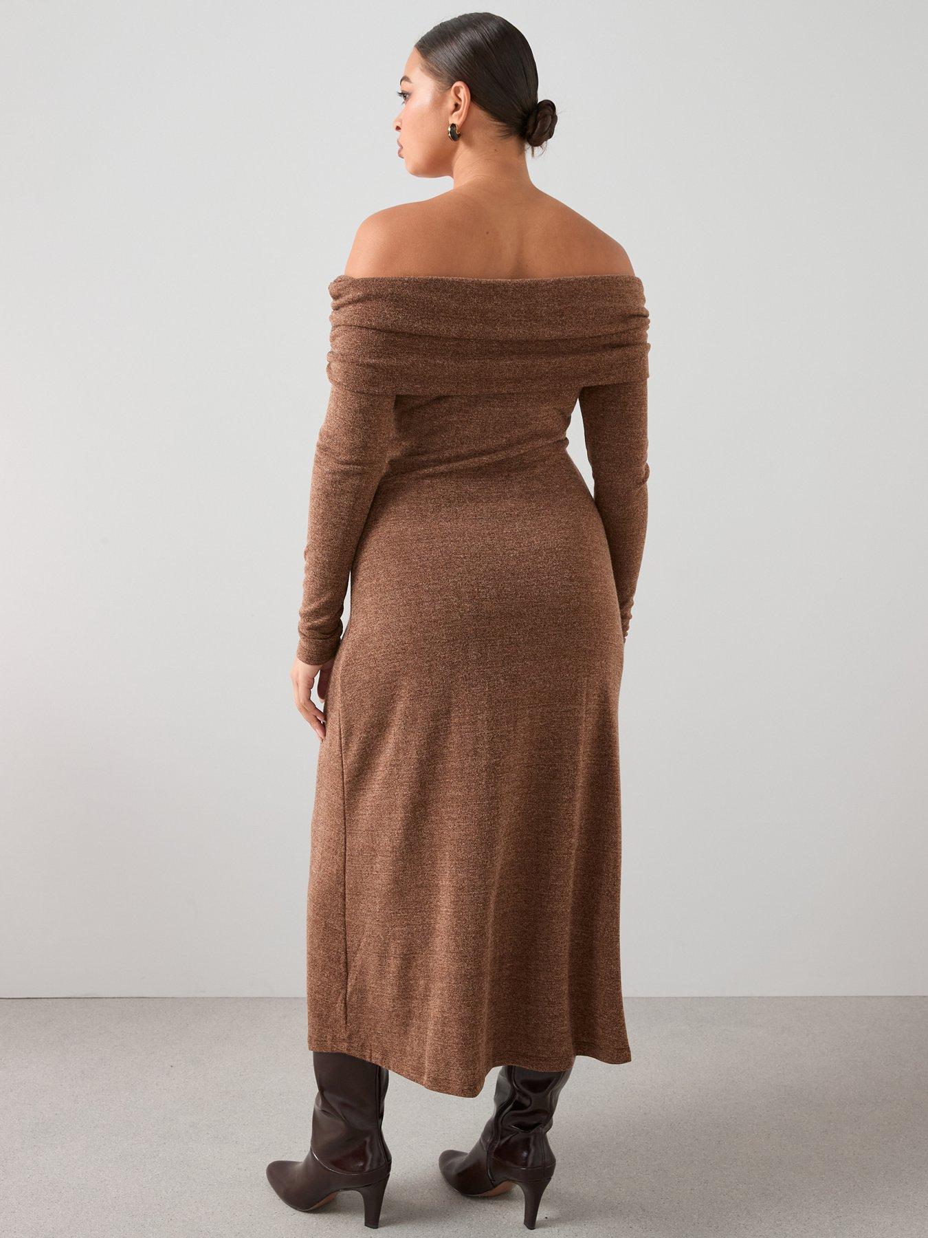  image of the-very-collection-curve-trim-detail-off-shoulder-midaxi-dress-brown