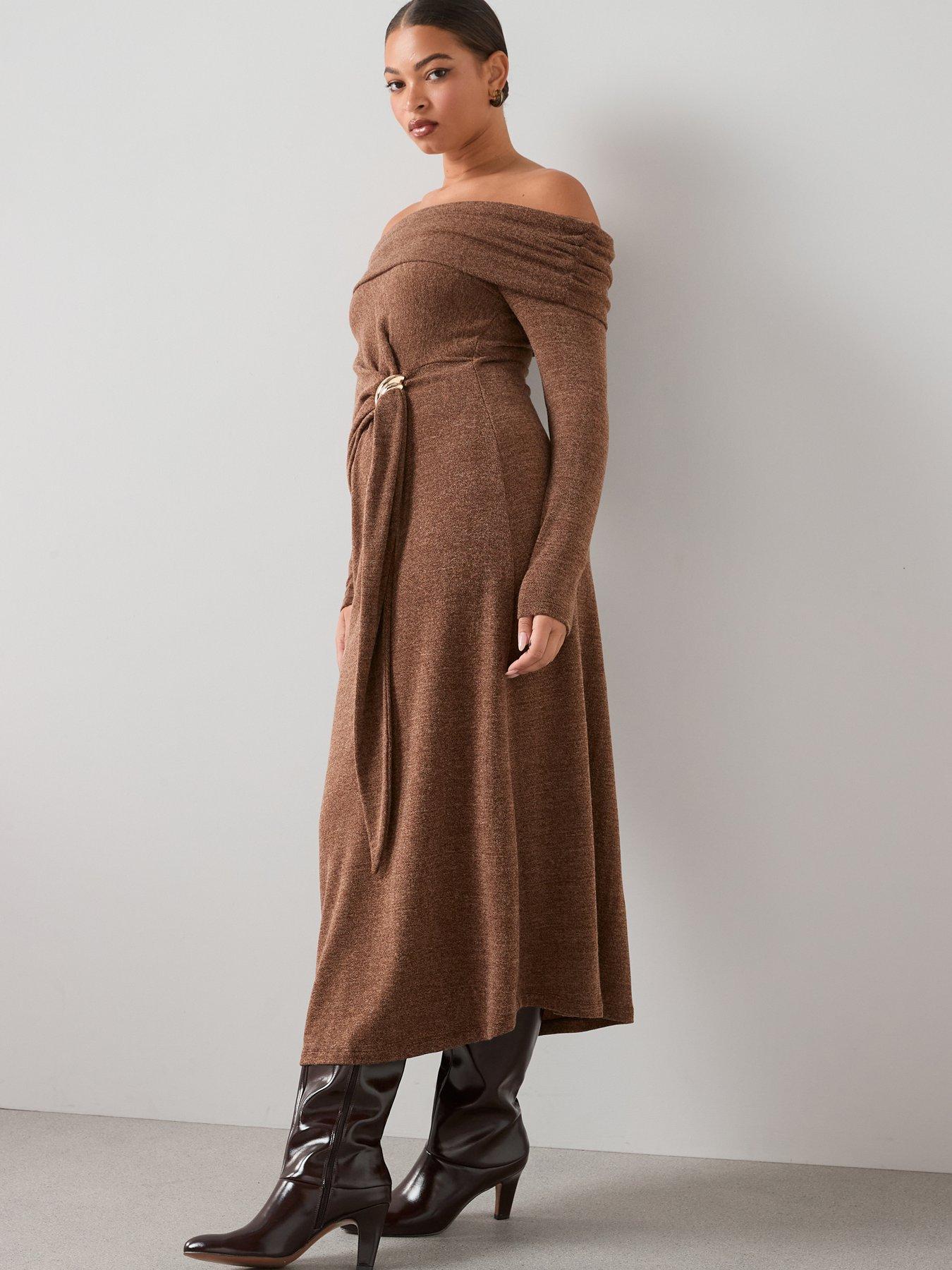  image of the-very-collection-curve-trim-detail-off-shoulder-midaxi-dress-brown