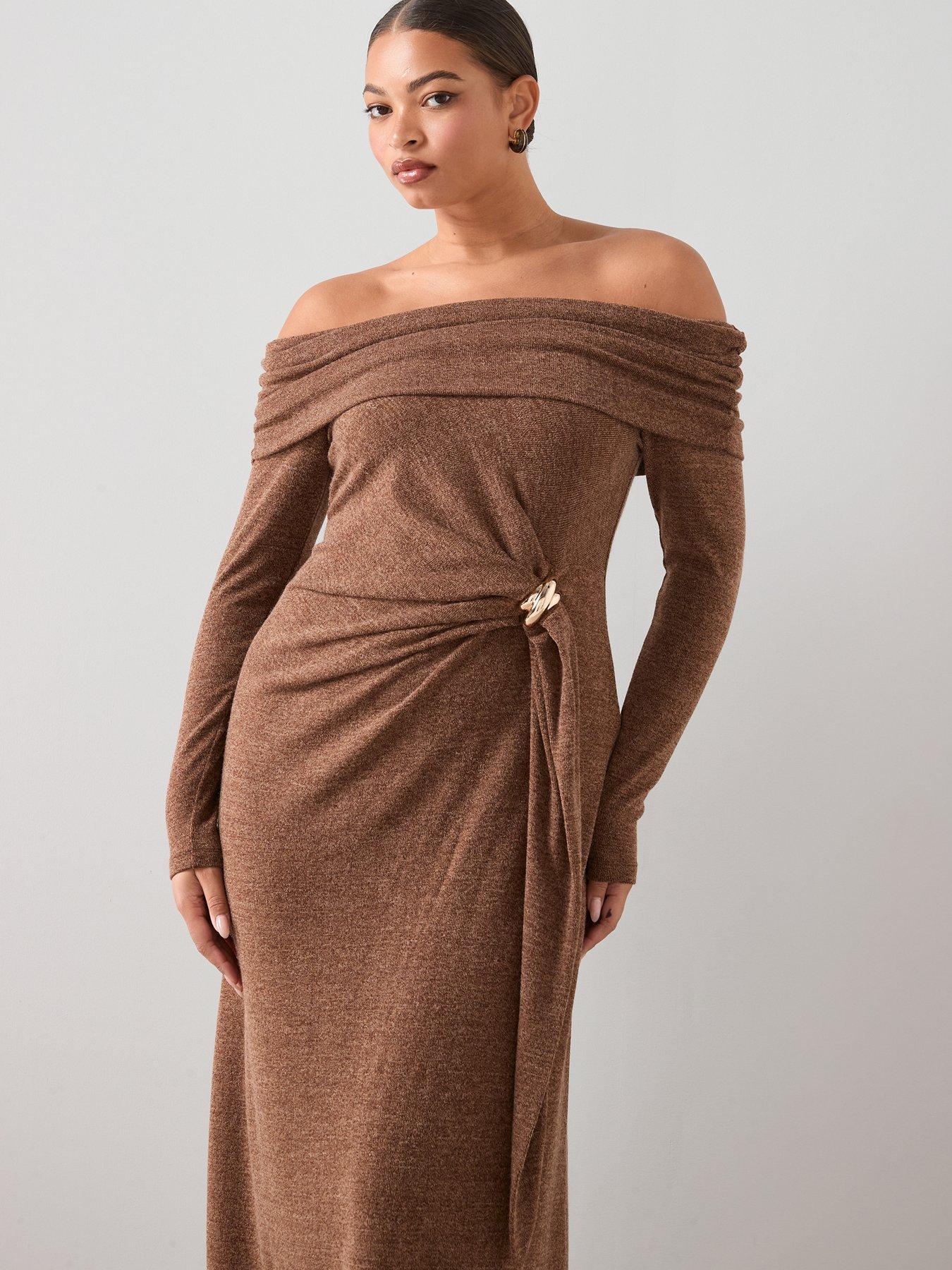  image of the-very-collection-curve-trim-detail-off-shoulder-midaxi-dress-brown
