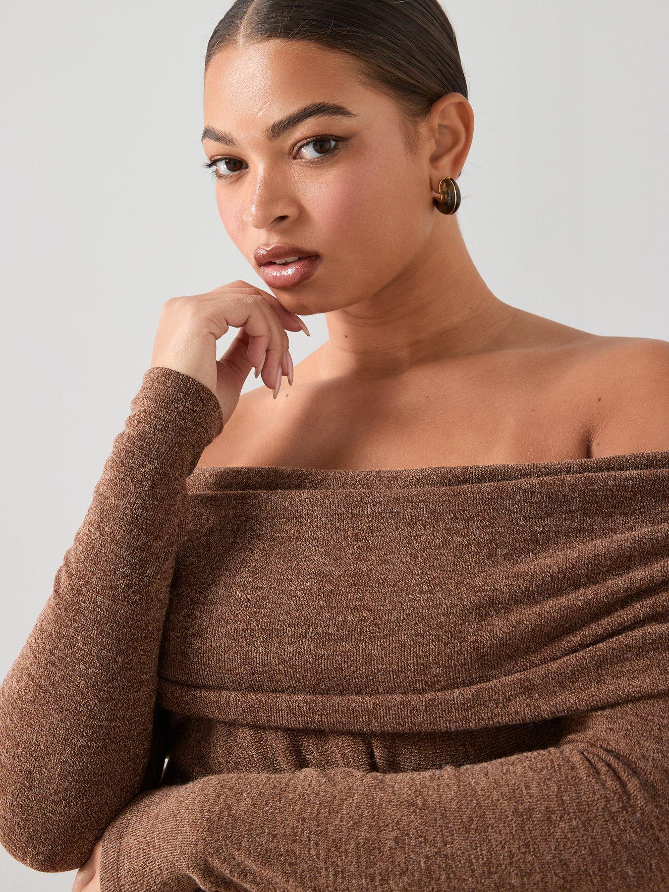  image of the-very-collection-curve-trim-detail-off-shoulder-midaxi-dress-brown
