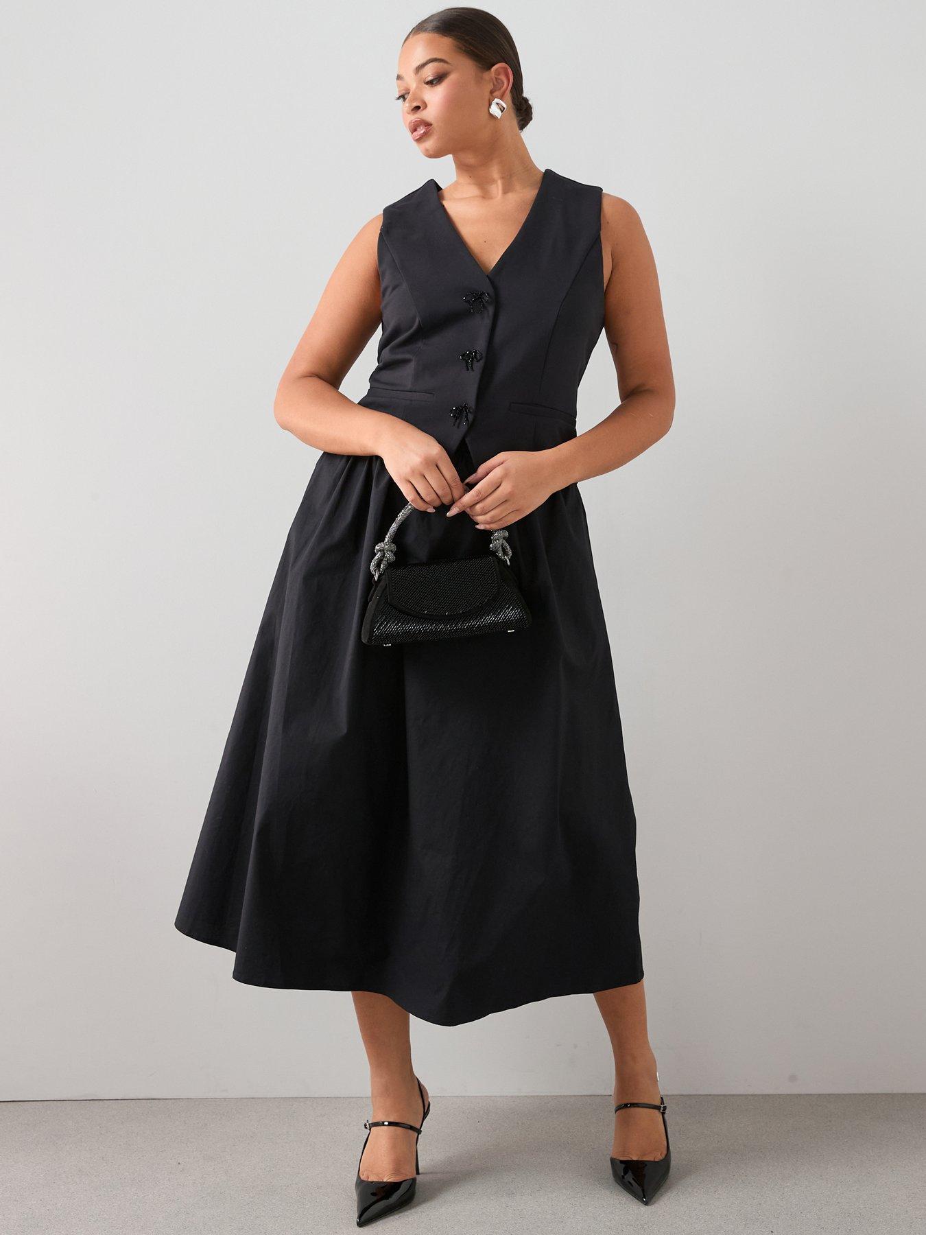  image of the-very-collection-curve-bow-trim-2-in-1-midi-dress-black