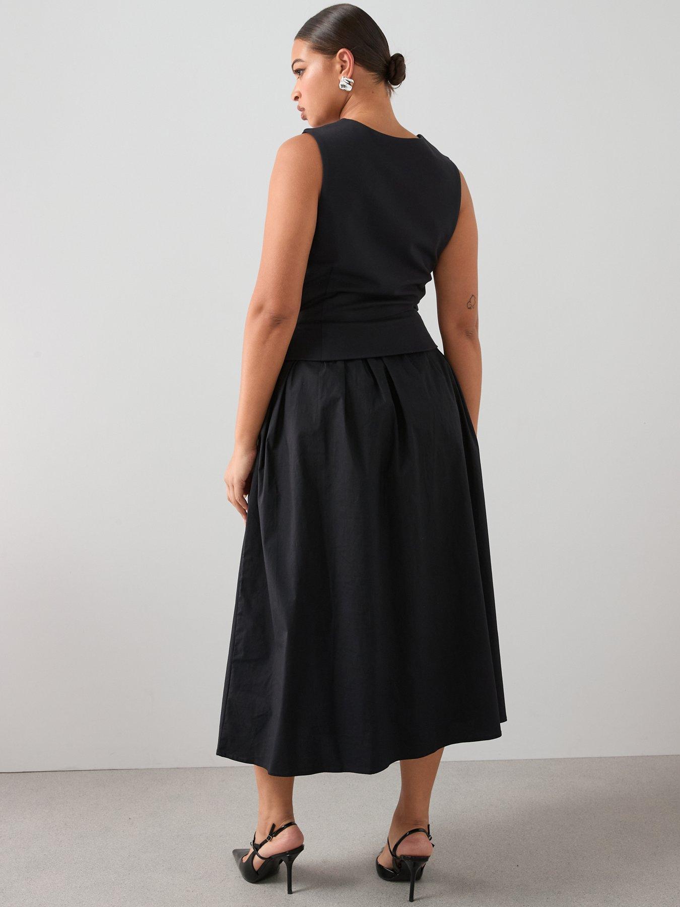  image of the-very-collection-curve-bow-trim-2-in-1-midi-dress-black