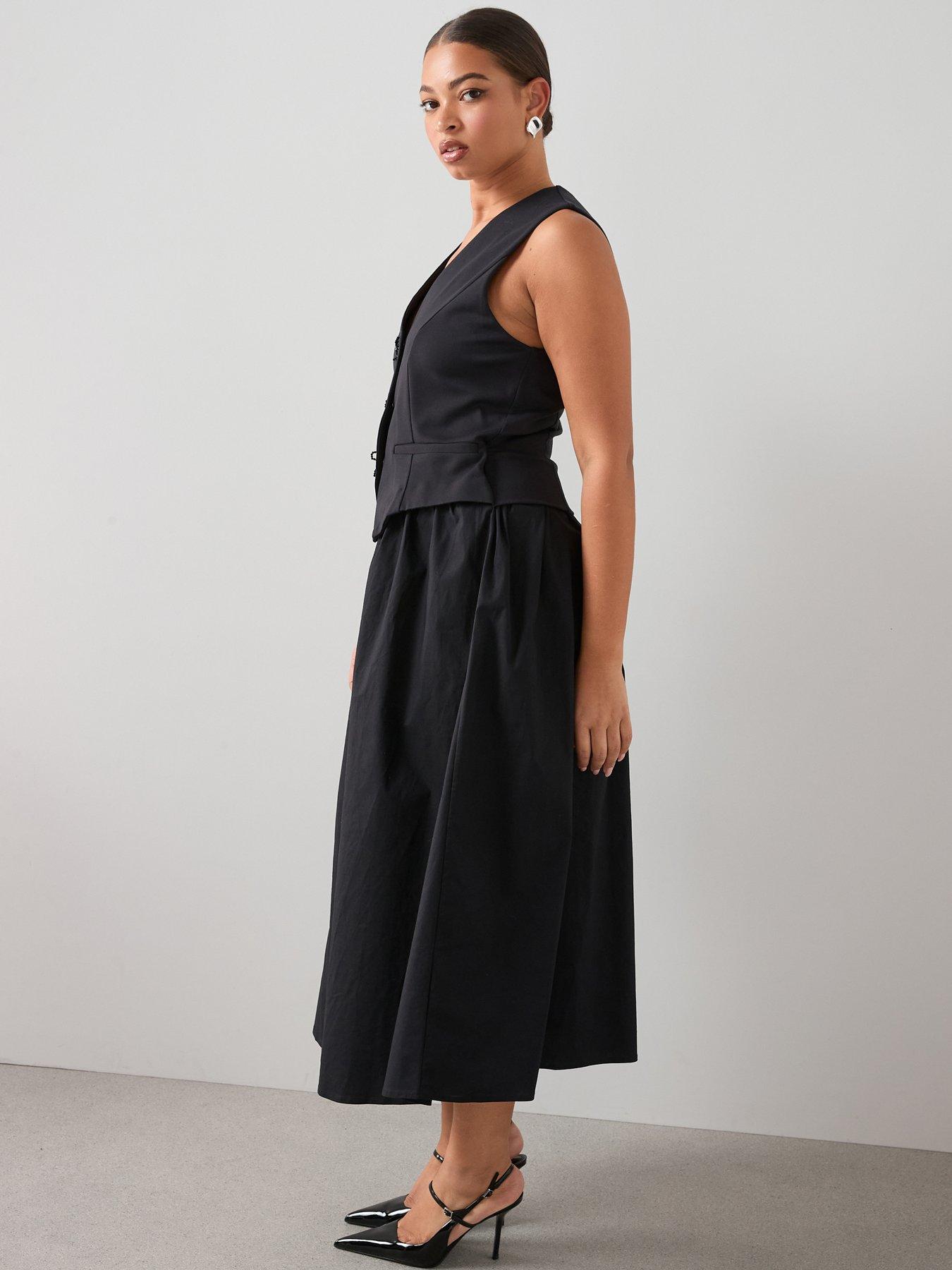  image of the-very-collection-curve-bow-trim-2-in-1-midi-dress-black