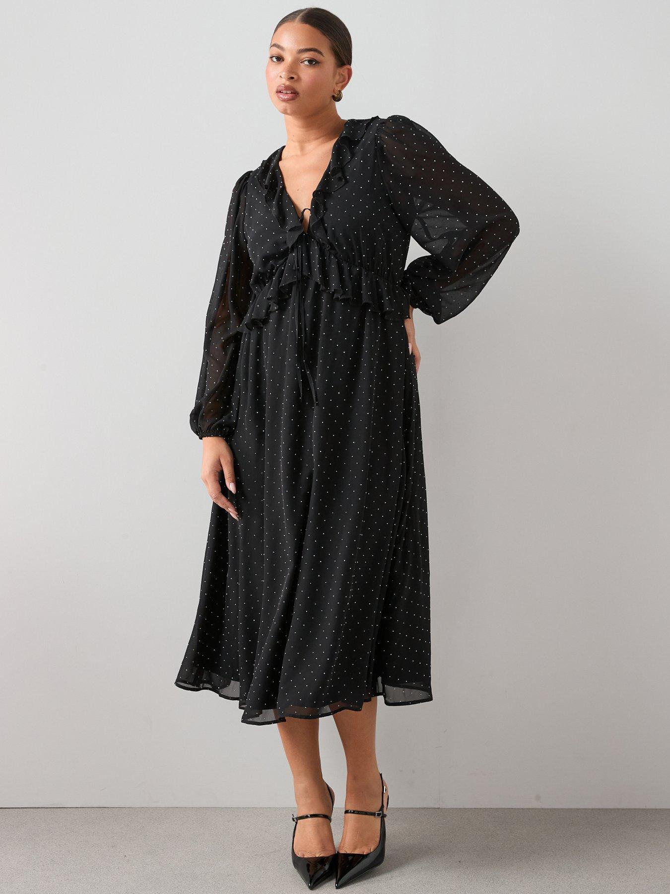 The Very Collection Curve Rhinestone Ruffle Midi Dress - Black
