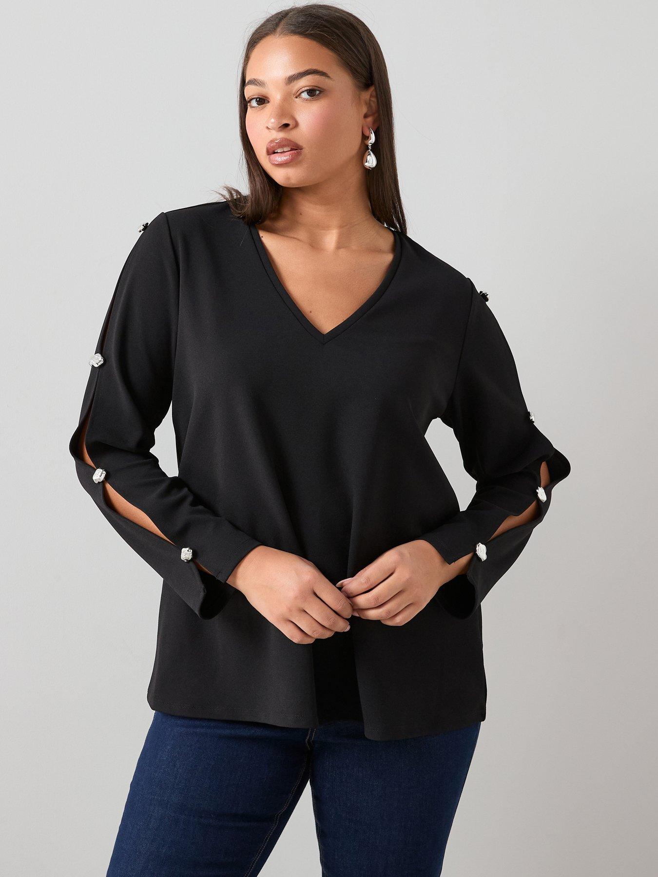The Very Collection Curve Trim Detail Split Sleeve Top - Black