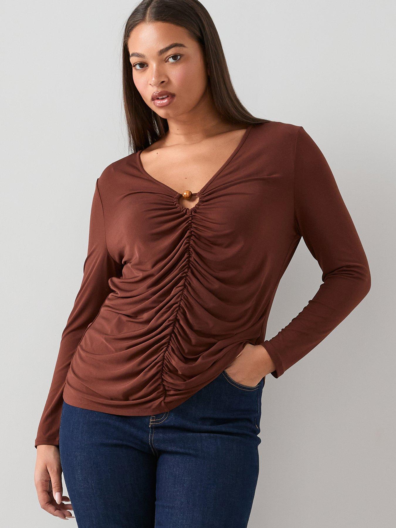 image of the-very-collection-curve-trim-detail-ruched-top-brown