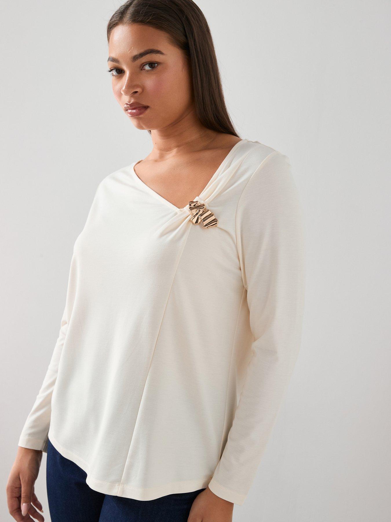 Image 1 of 6 of The Very Collection Curve Gold Trim Asymmetric Neck Top - Cream
