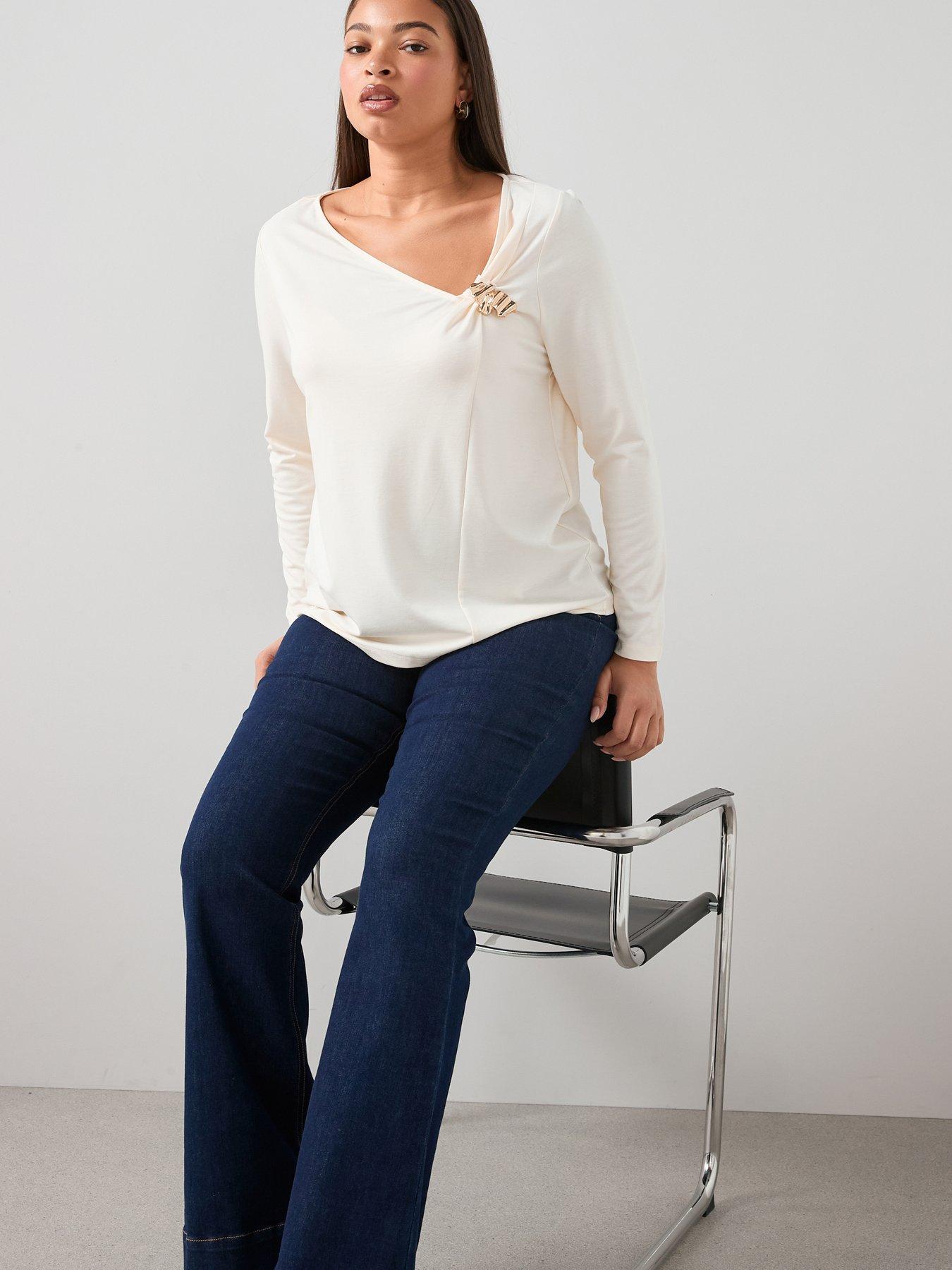 Image 4 of 6 of The Very Collection Curve Gold Trim Asymmetric Neck Top - Cream