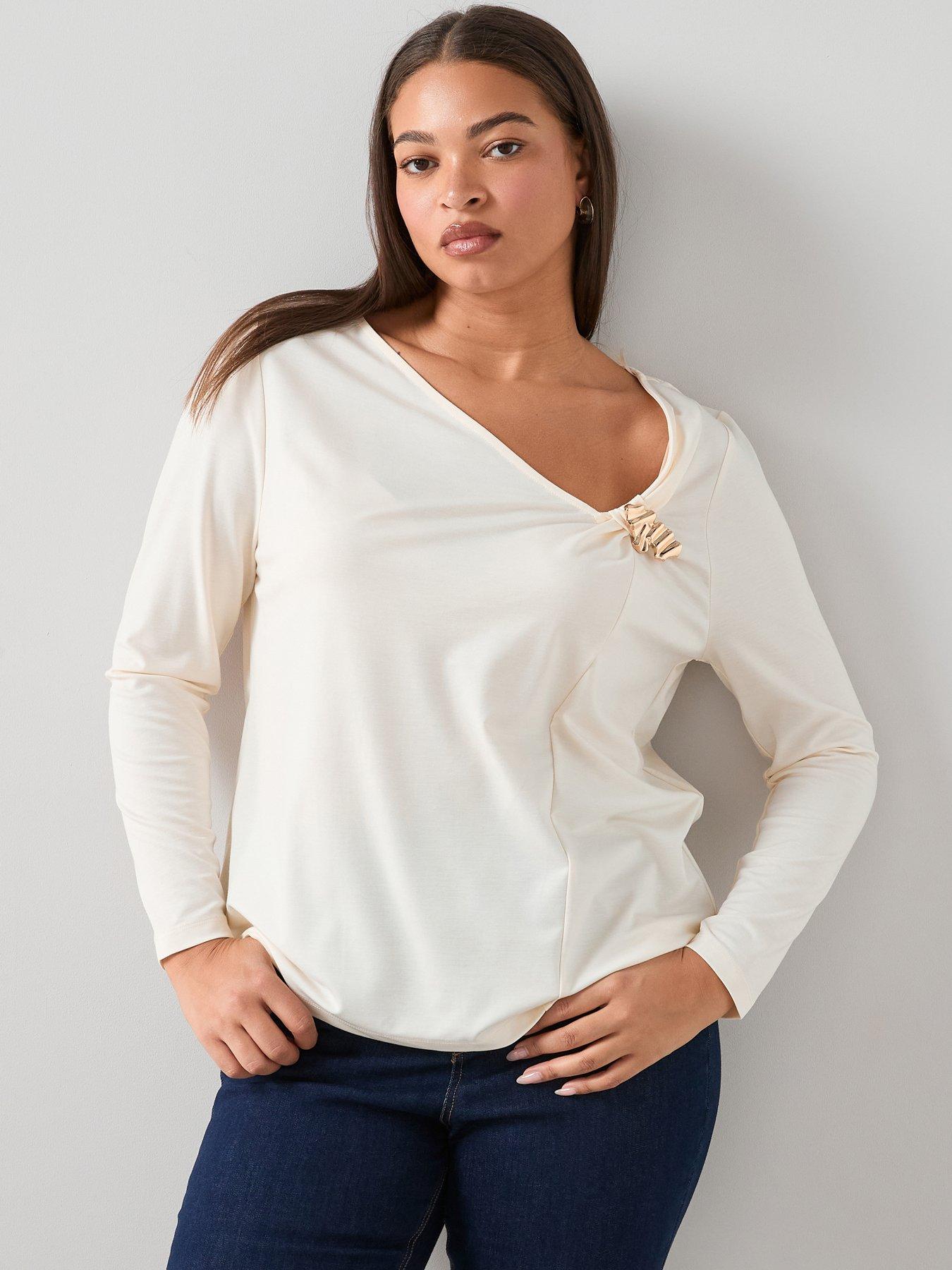 Image 5 of 6 of The Very Collection Curve Gold Trim Asymmetric Neck Top - Cream