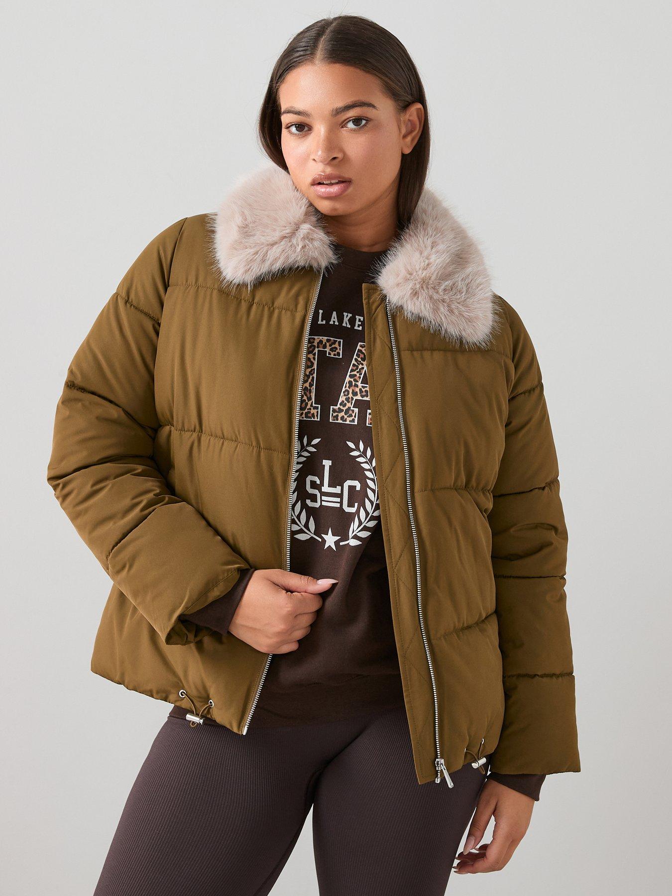 The Very Collection Curve Fur Collar Padded Coat - Green