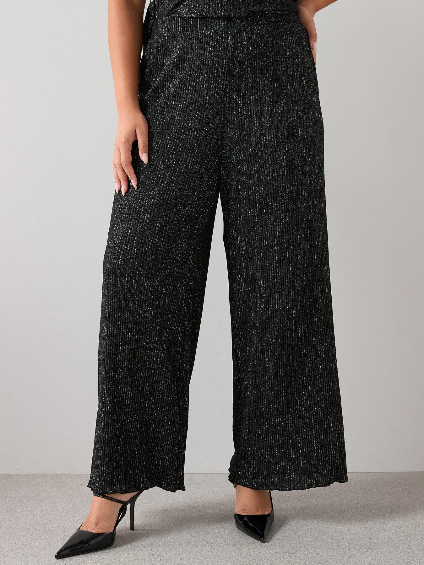 Image 1 of 7 of The Very Collection Curve Lurex Plisse Wide Leg Trouser Co-Ord - Black