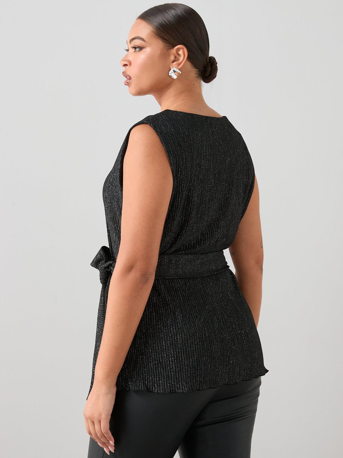 Image 2 of 7 of The Very Collection Curve Lurex Plisse Belted Tunic Top - Black