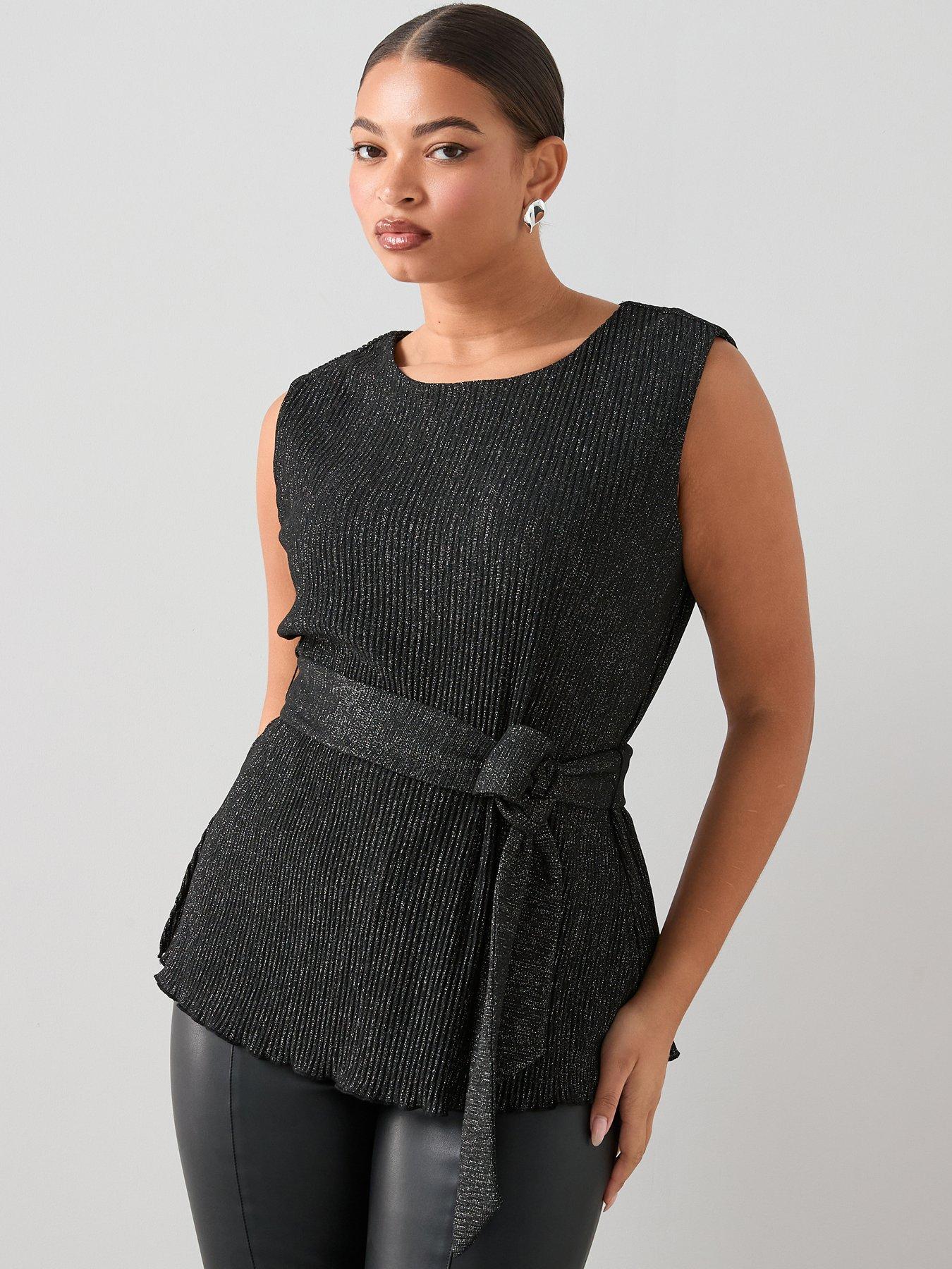Image 3 of 7 of The Very Collection Curve Lurex Plisse Belted Tunic Top - Black
