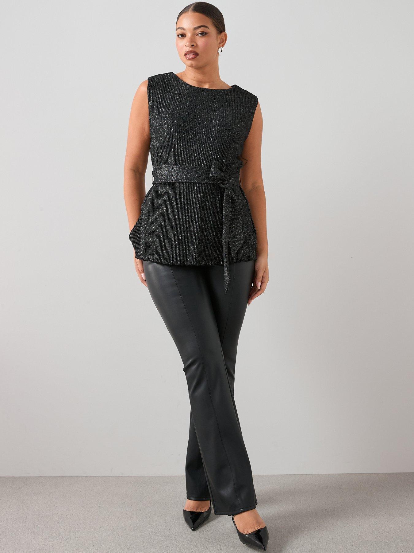 Image 6 of 7 of The Very Collection Curve Lurex Plisse Belted Tunic Top - Black