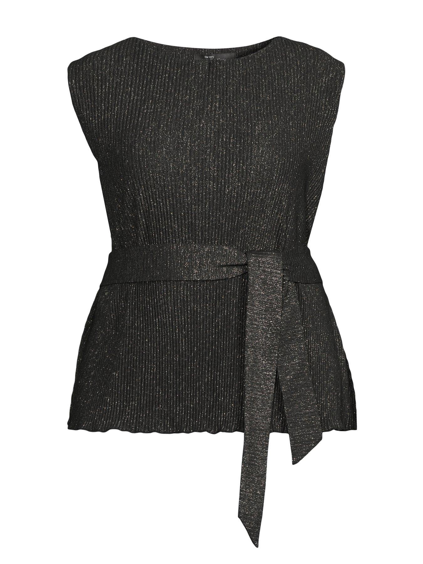 Image 7 of 7 of The Very Collection Curve Lurex Plisse Belted Tunic Top - Black