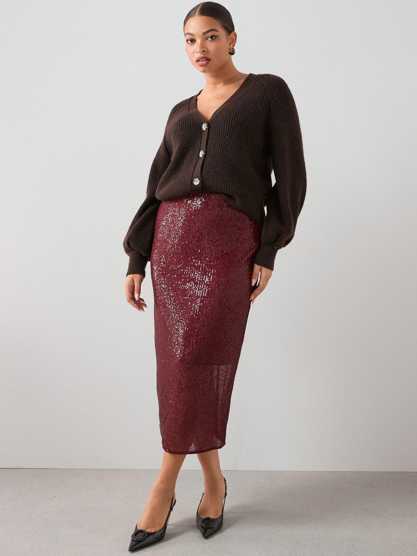 front image of the-very-collection-curve-sequin-midi-skirt-burgundy