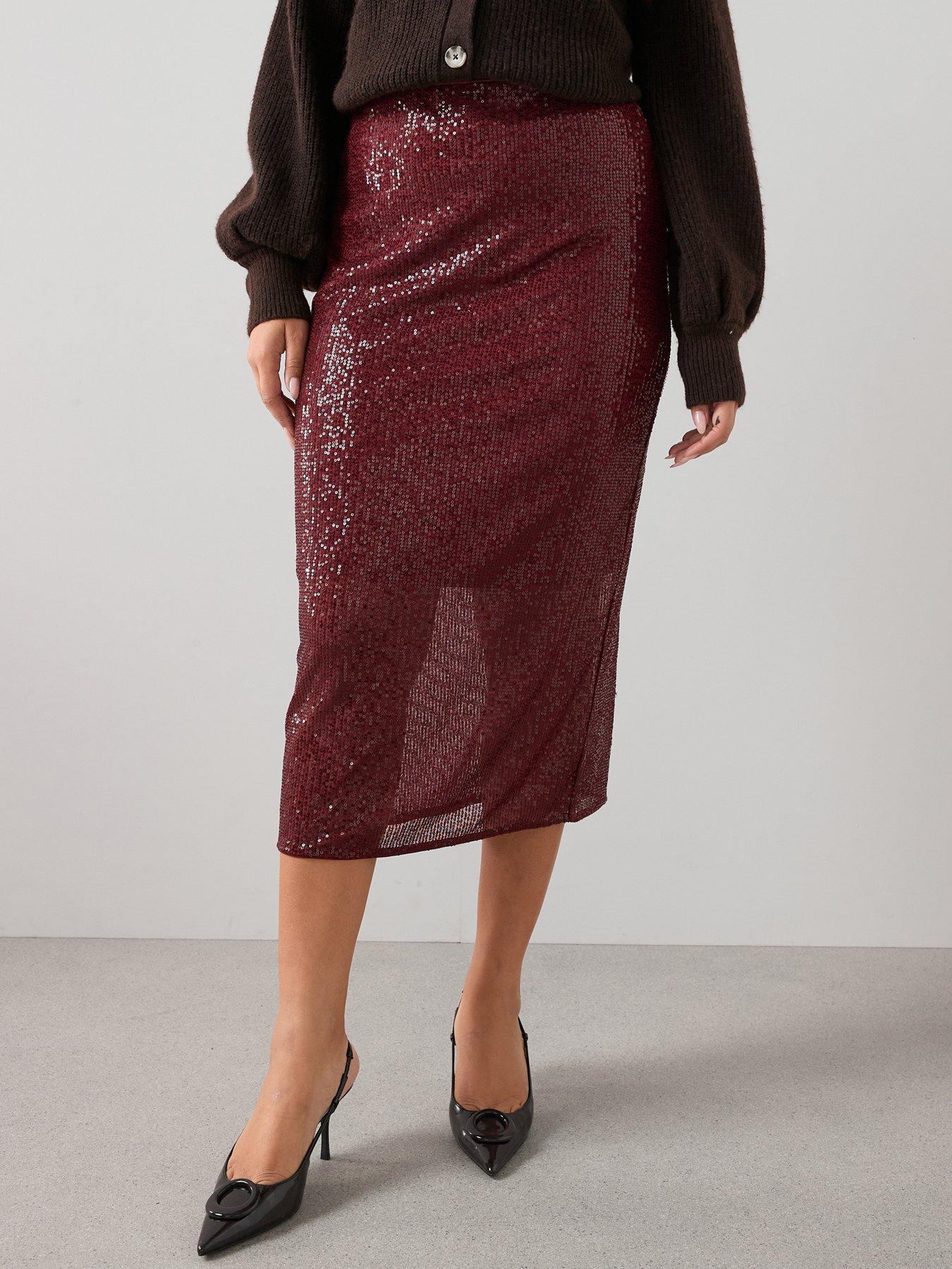 image of the-very-collection-curve-sequin-midi-skirt-burgundy