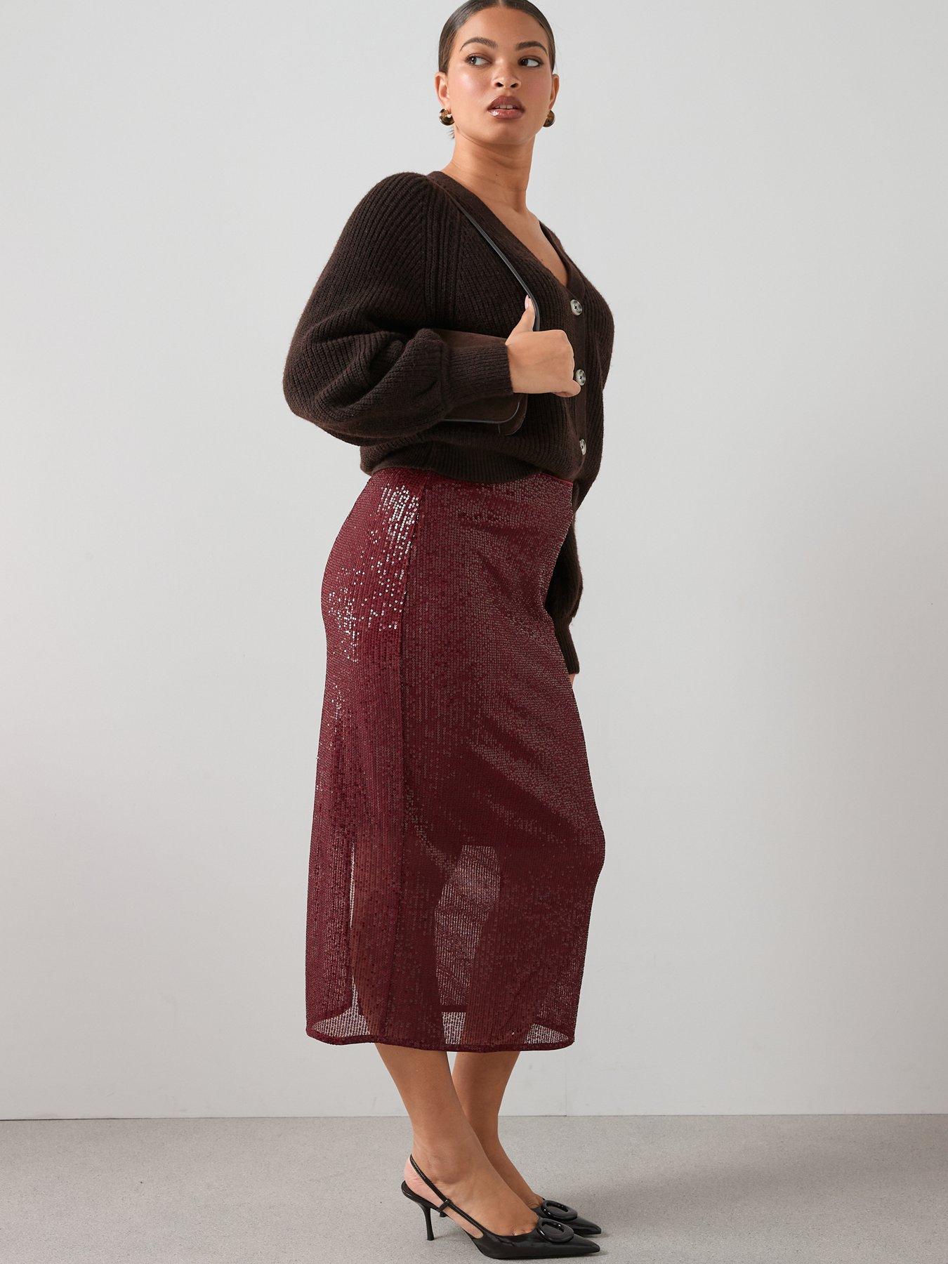  image of the-very-collection-curve-sequin-midi-skirt-burgundy