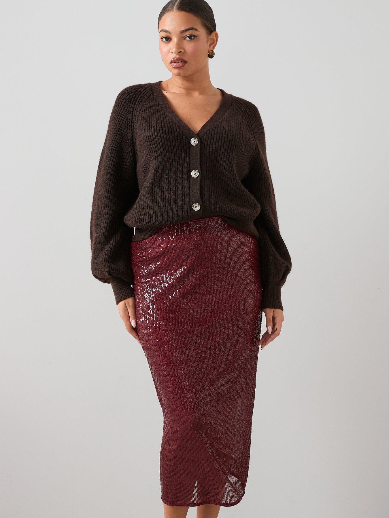  image of the-very-collection-curve-sequin-midi-skirt-burgundy