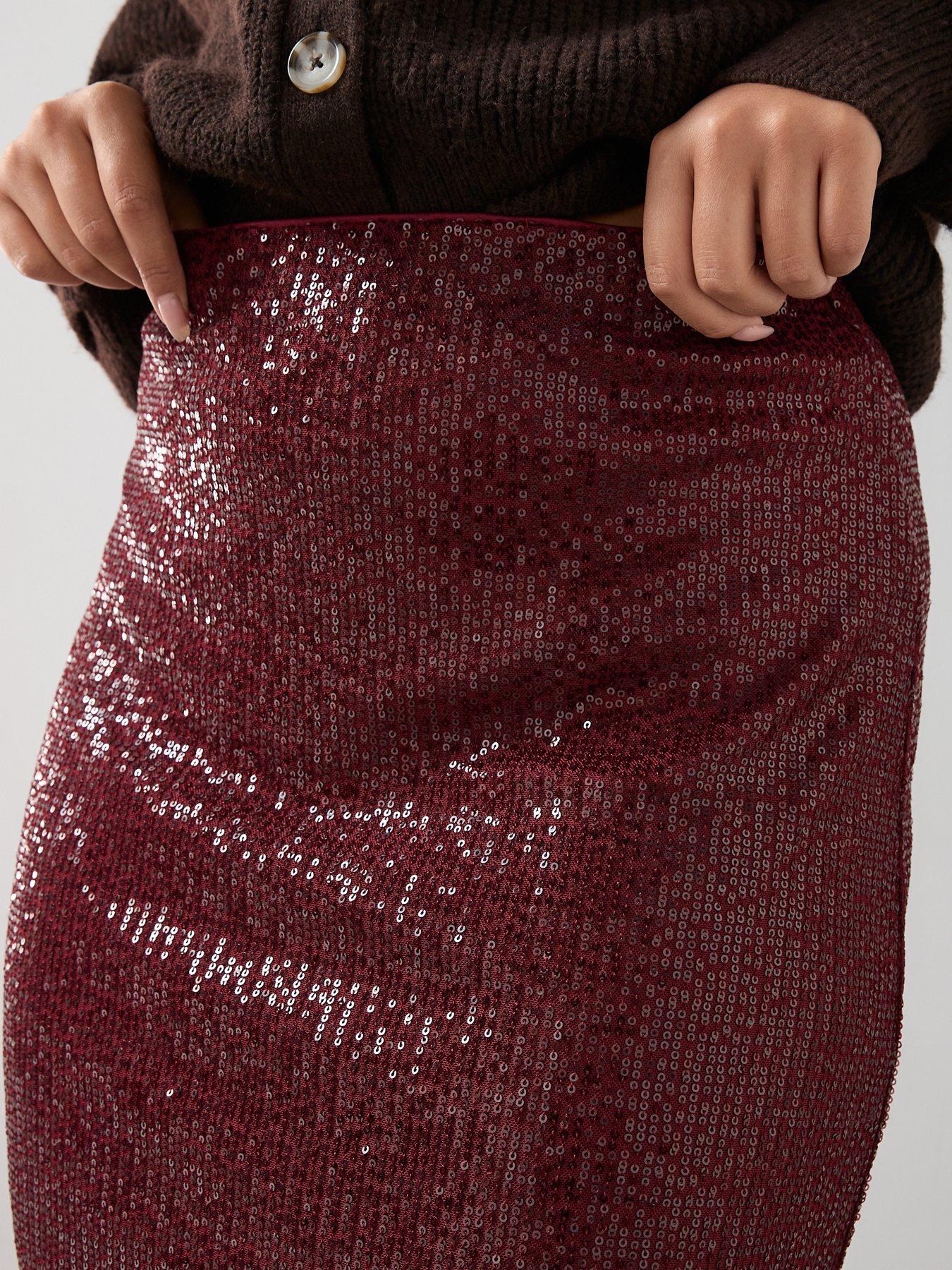  image of the-very-collection-curve-sequin-midi-skirt-burgundy