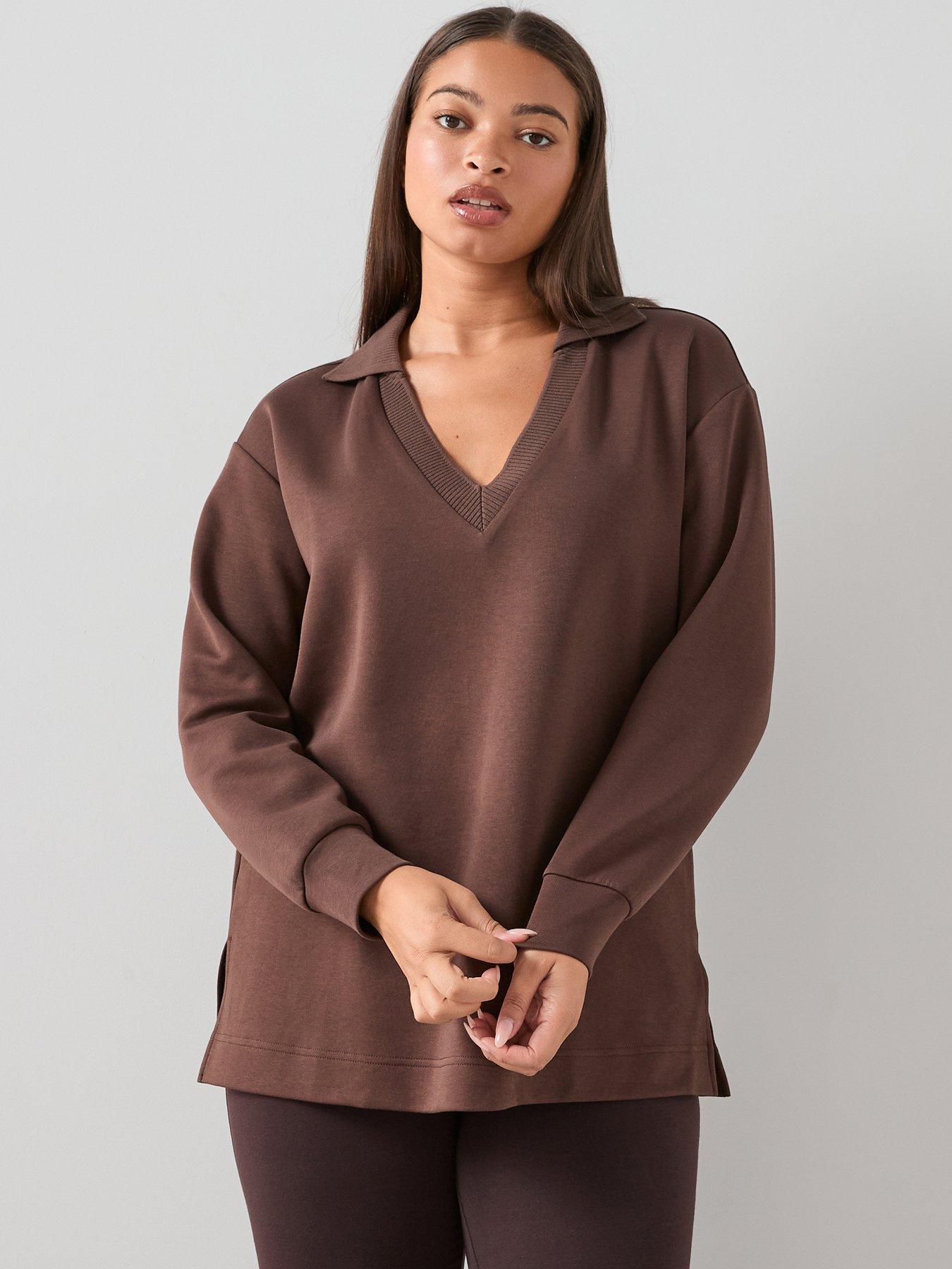 The Very Collection Curve V Neck Soft Touch Sweatshirt - Dark Brown