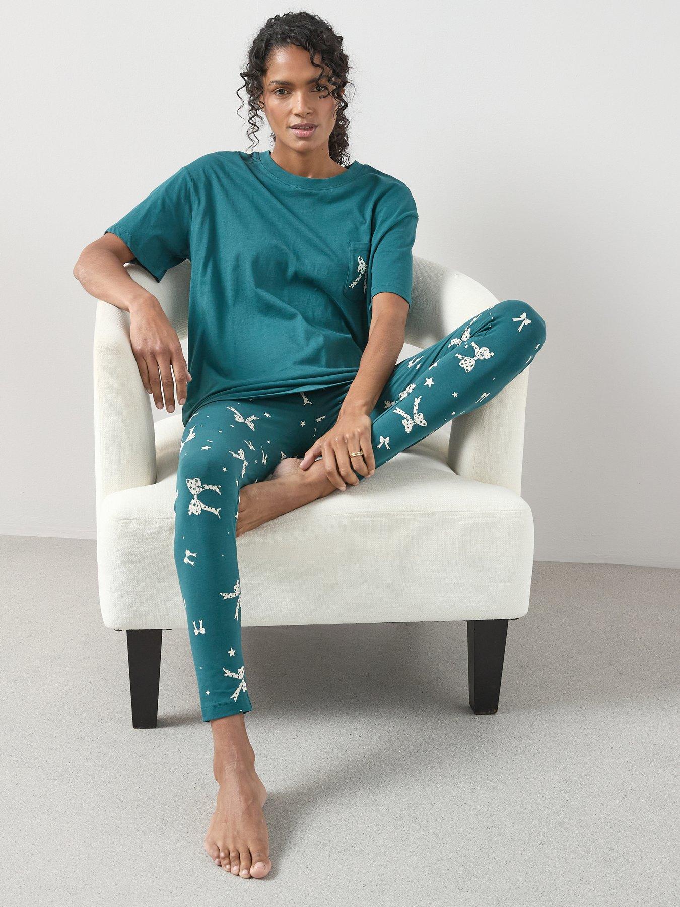 Image 1 of 6 of The Very Collection Longline Tshirt Ribbon Print Legging Pj Set - Green
