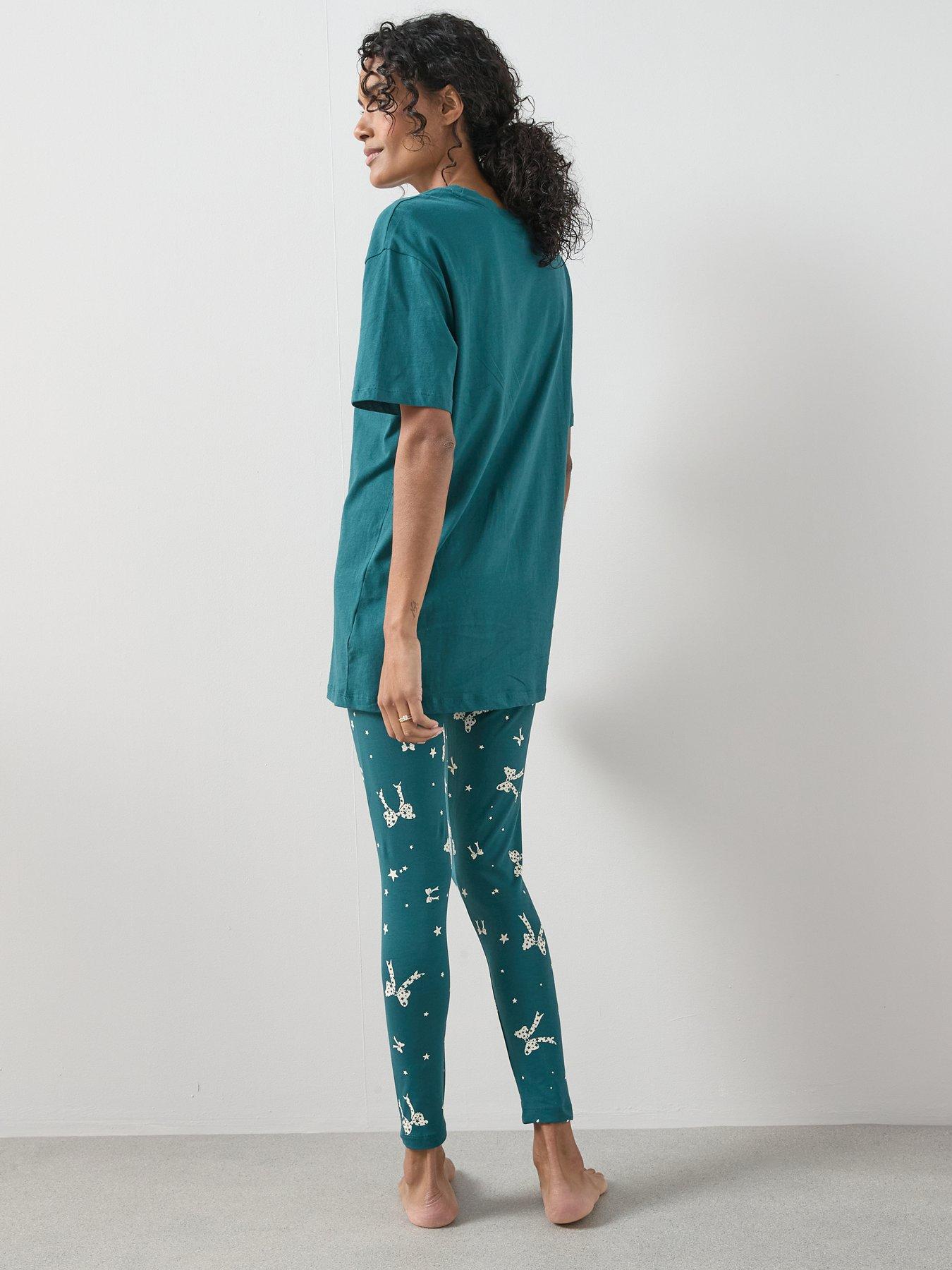 Image 2 of 6 of The Very Collection Longline Tshirt Ribbon Print Legging Pj Set - Green