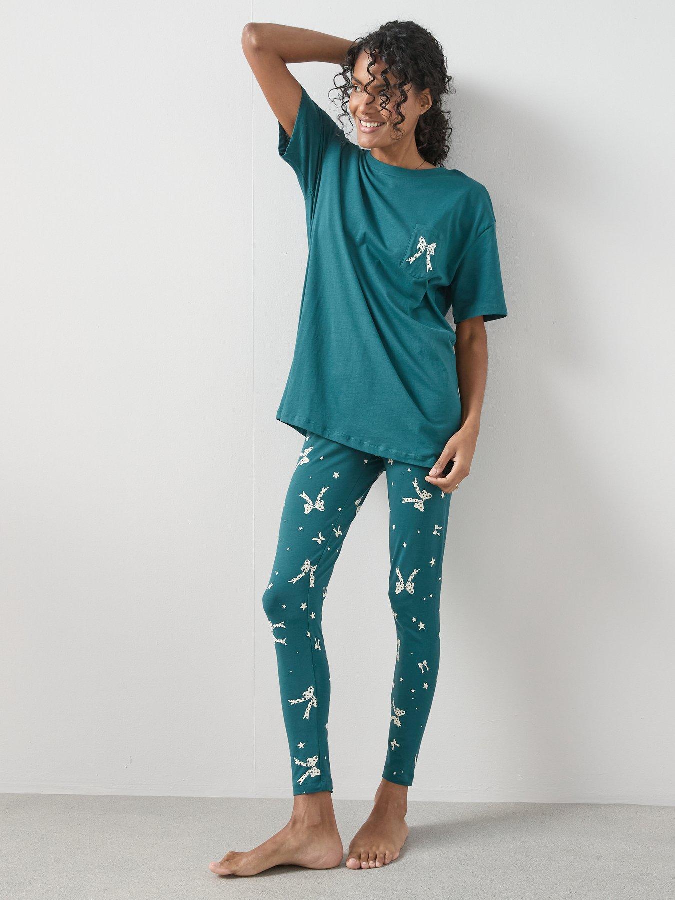 Image 3 of 6 of The Very Collection Longline Tshirt Ribbon Print Legging Pj Set - Green