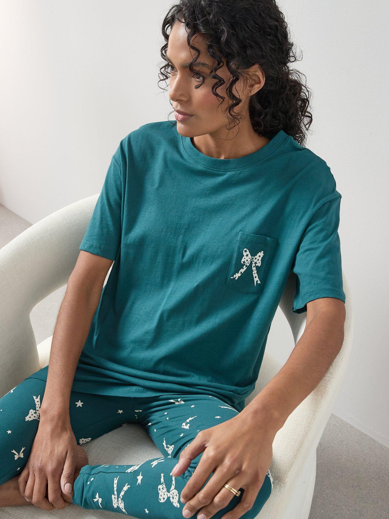 Image 4 of 6 of The Very Collection Longline Tshirt Ribbon Print Legging Pj Set - Green
