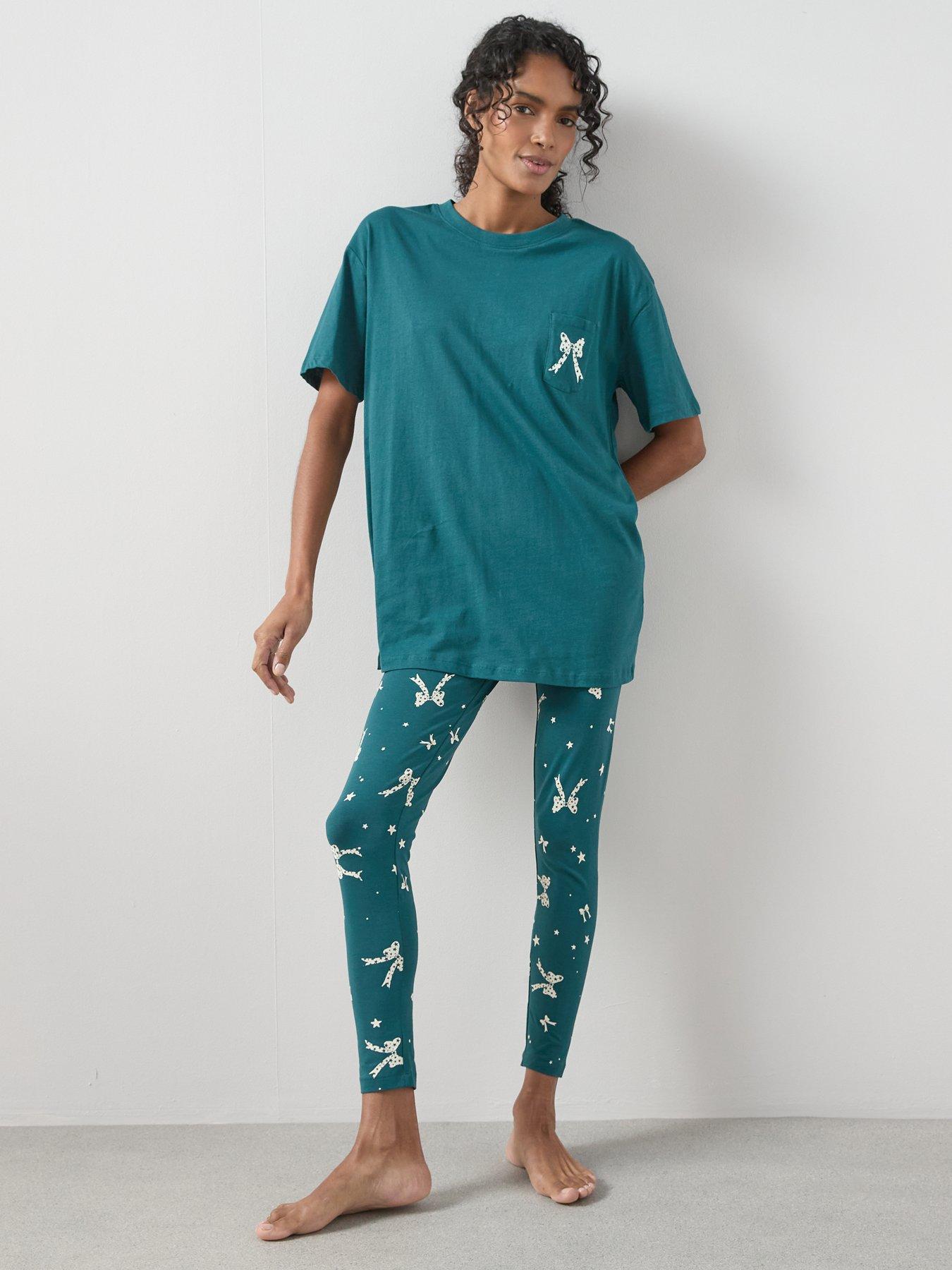 Image 6 of 6 of The Very Collection Longline Tshirt Ribbon Print Legging Pj Set - Green