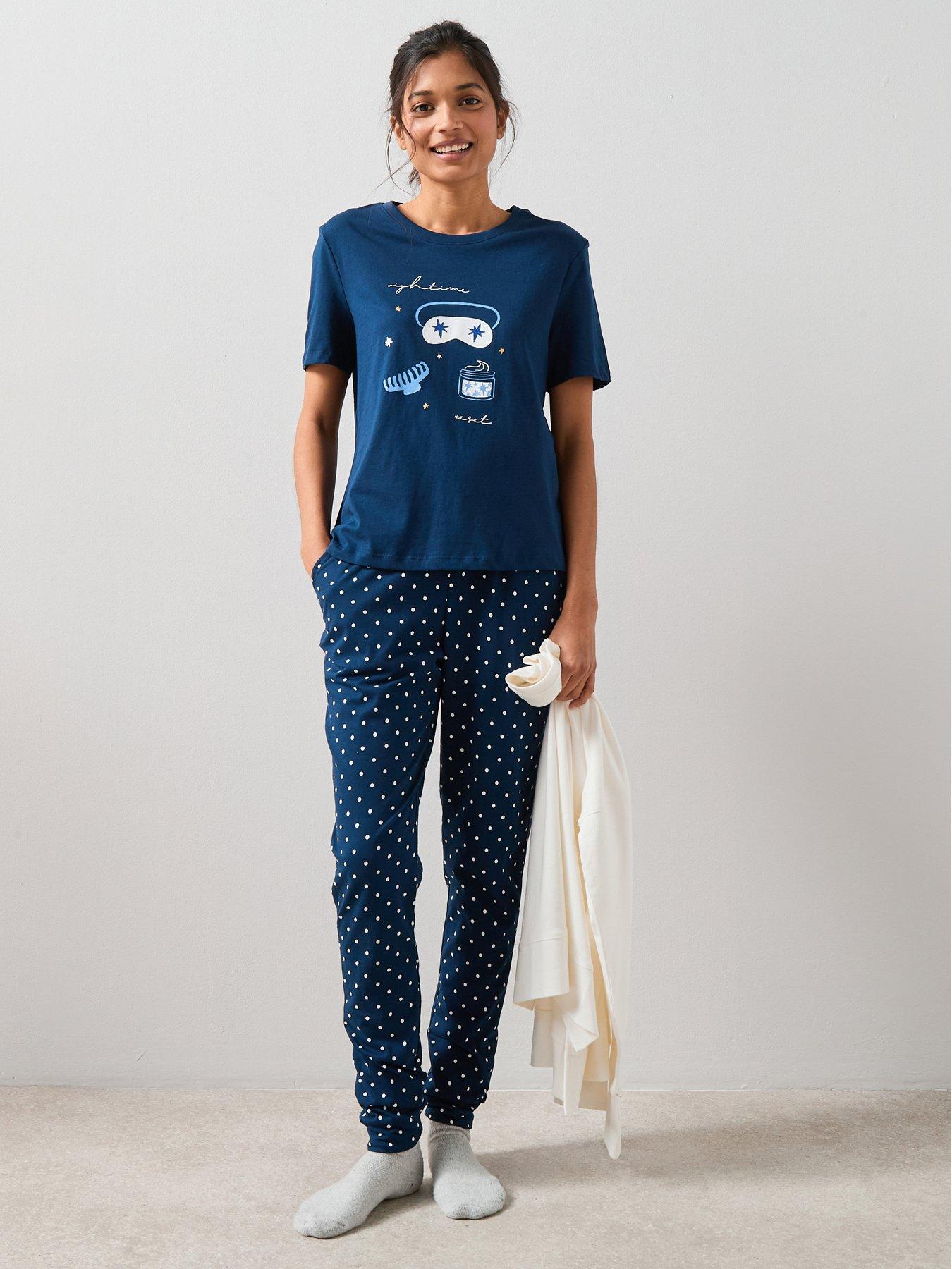 Image 1 of 7 of The Very Collection Short Sleeve Eyemask Print And Aop Jogger Pyjama Set - Navy