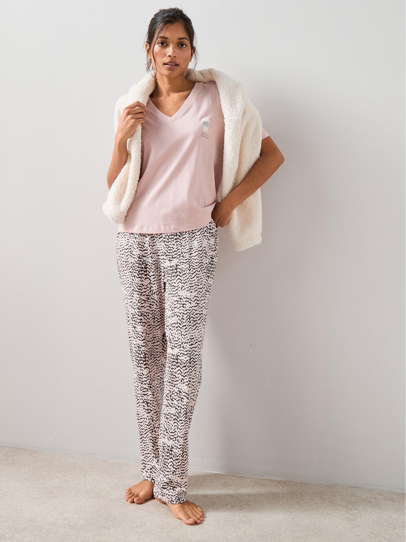 The Very Collection V Neck Matcha Mornings Short Sleeve Tshirt And Printed Wide Leg Pyjama Set - Pink
