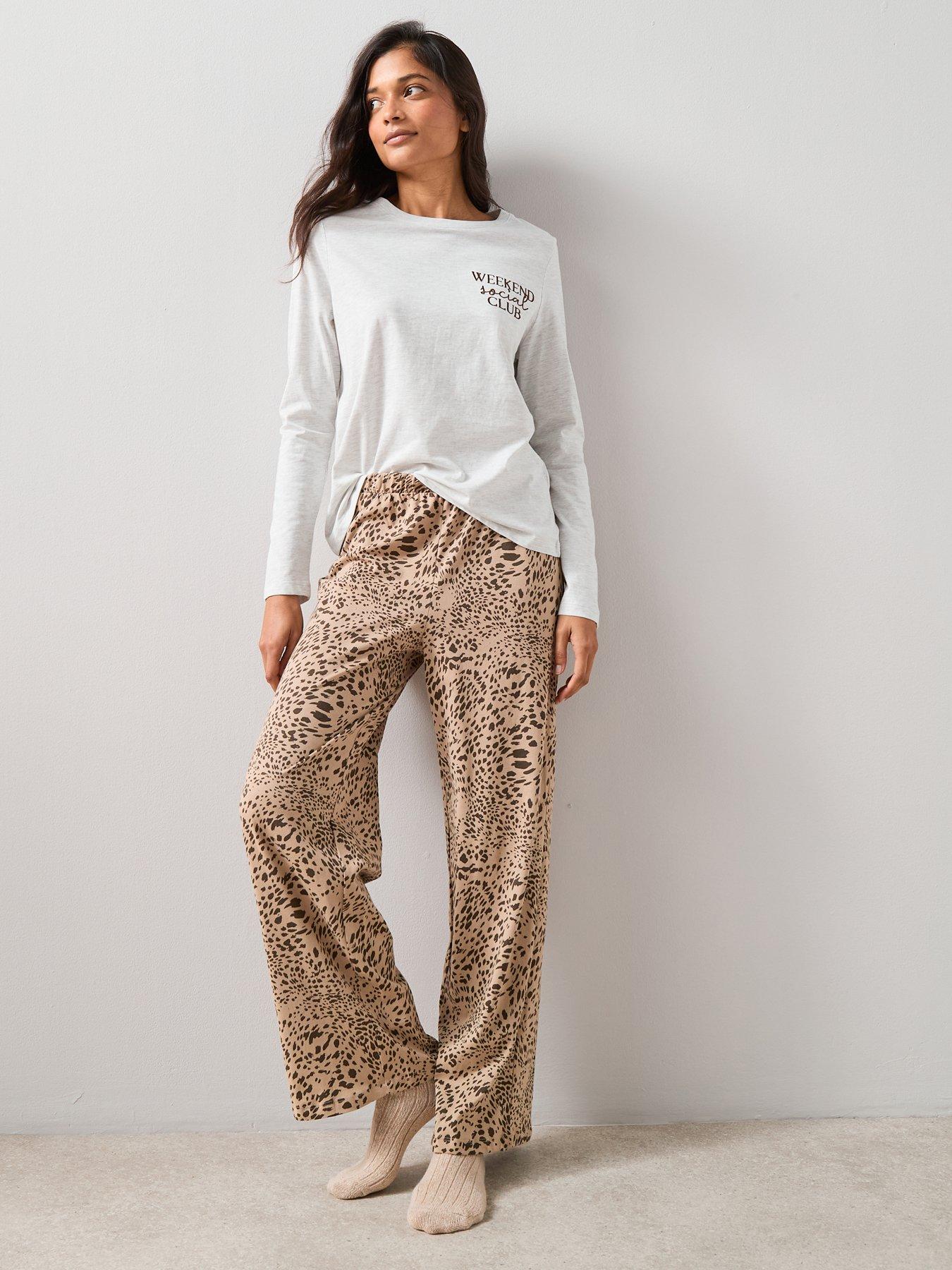 The Very Collection Long Sleeve Slogan Tshirt And Wide Leg Animal Print Pyjama Set - Cream