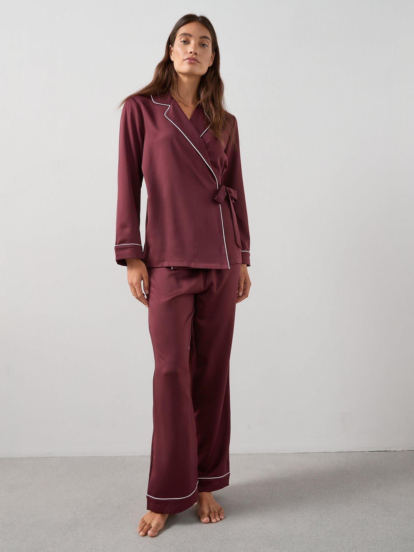 Image 1 of 6 of The Very Collection Satin Wrap Revere Pyjama Set - Dark Red