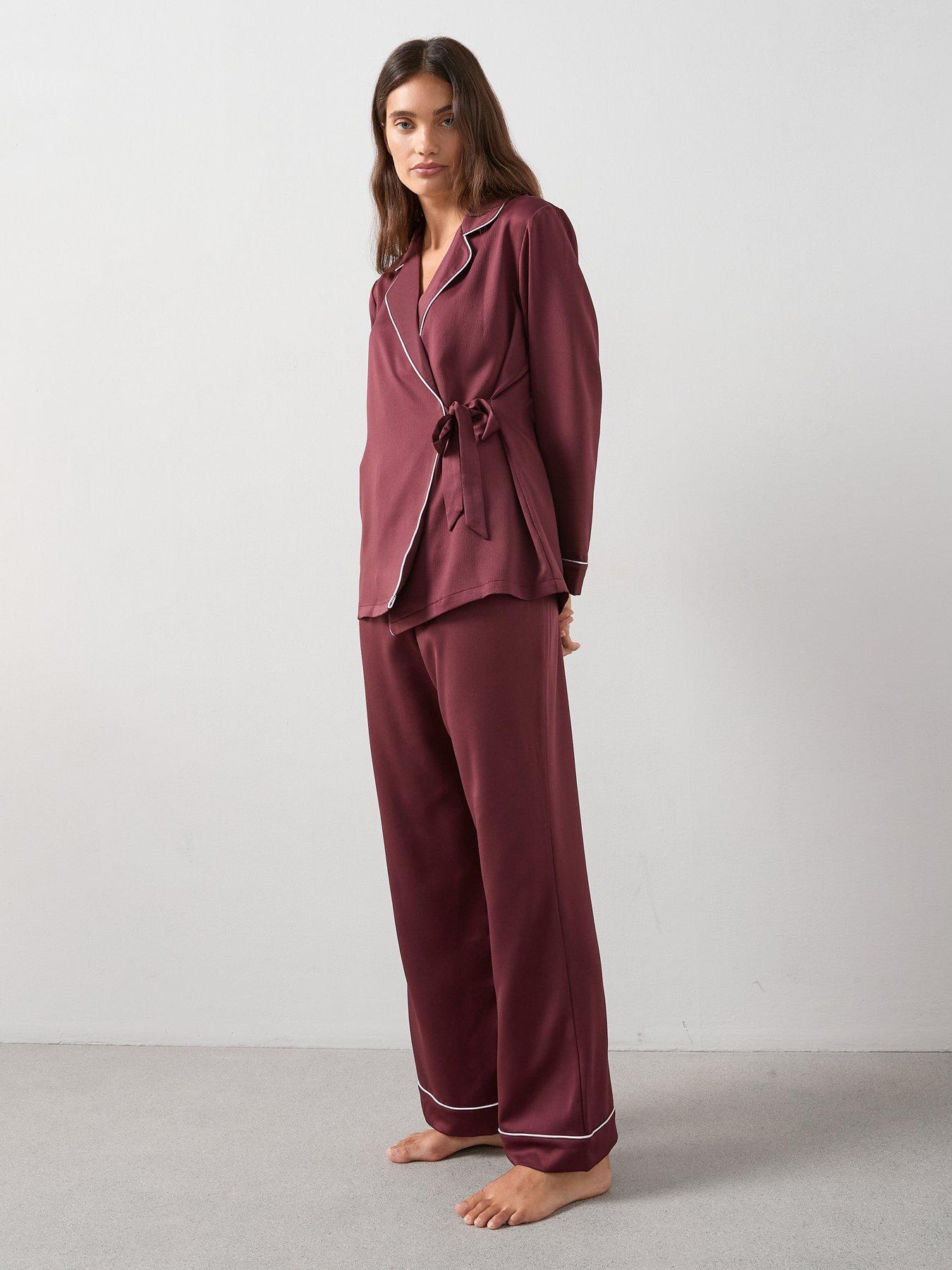 Image 3 of 6 of The Very Collection Satin Wrap Revere Pyjama Set - Dark Red