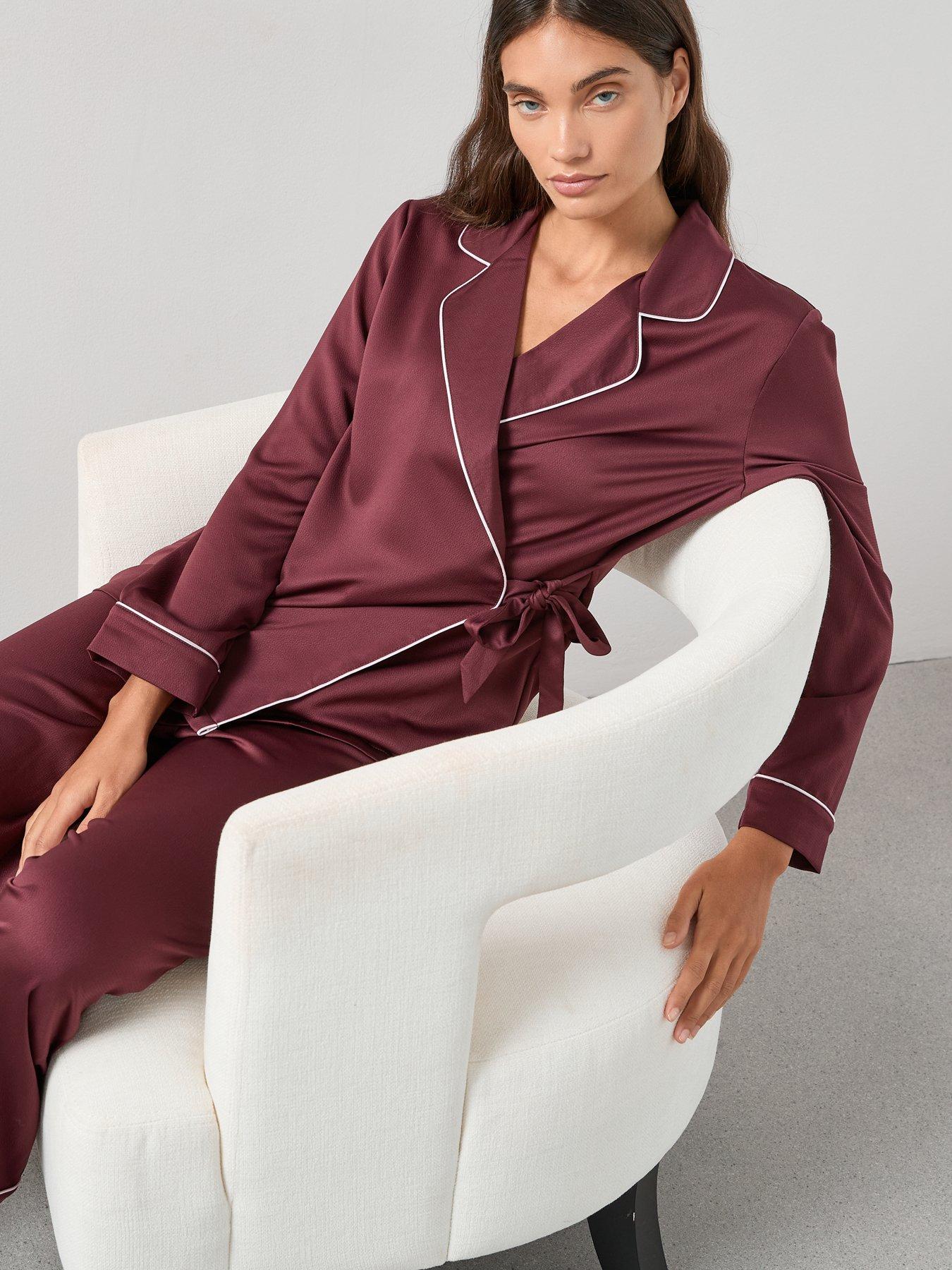 Image 5 of 6 of The Very Collection Satin Wrap Revere Pyjama Set - Dark Red