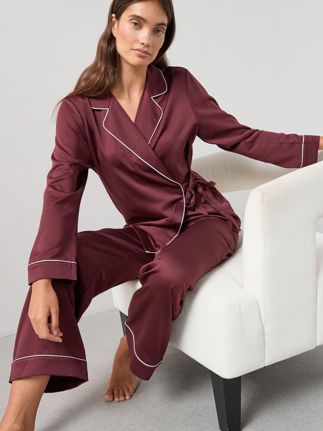 Image 6 of 6 of The Very Collection Satin Wrap Revere Pyjama Set - Dark Red