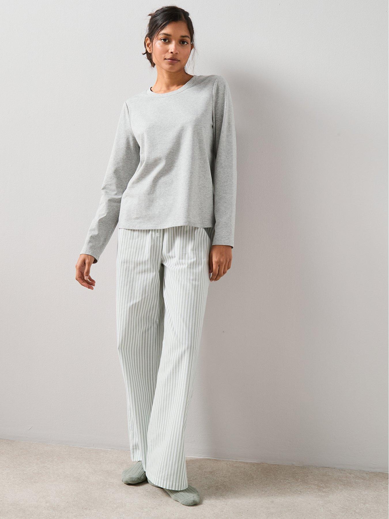 Image 4 of 7 of The Very Collection Jersey Long Sleeve Top With Stripe Woven Bottom Pyjama Set - Grey
