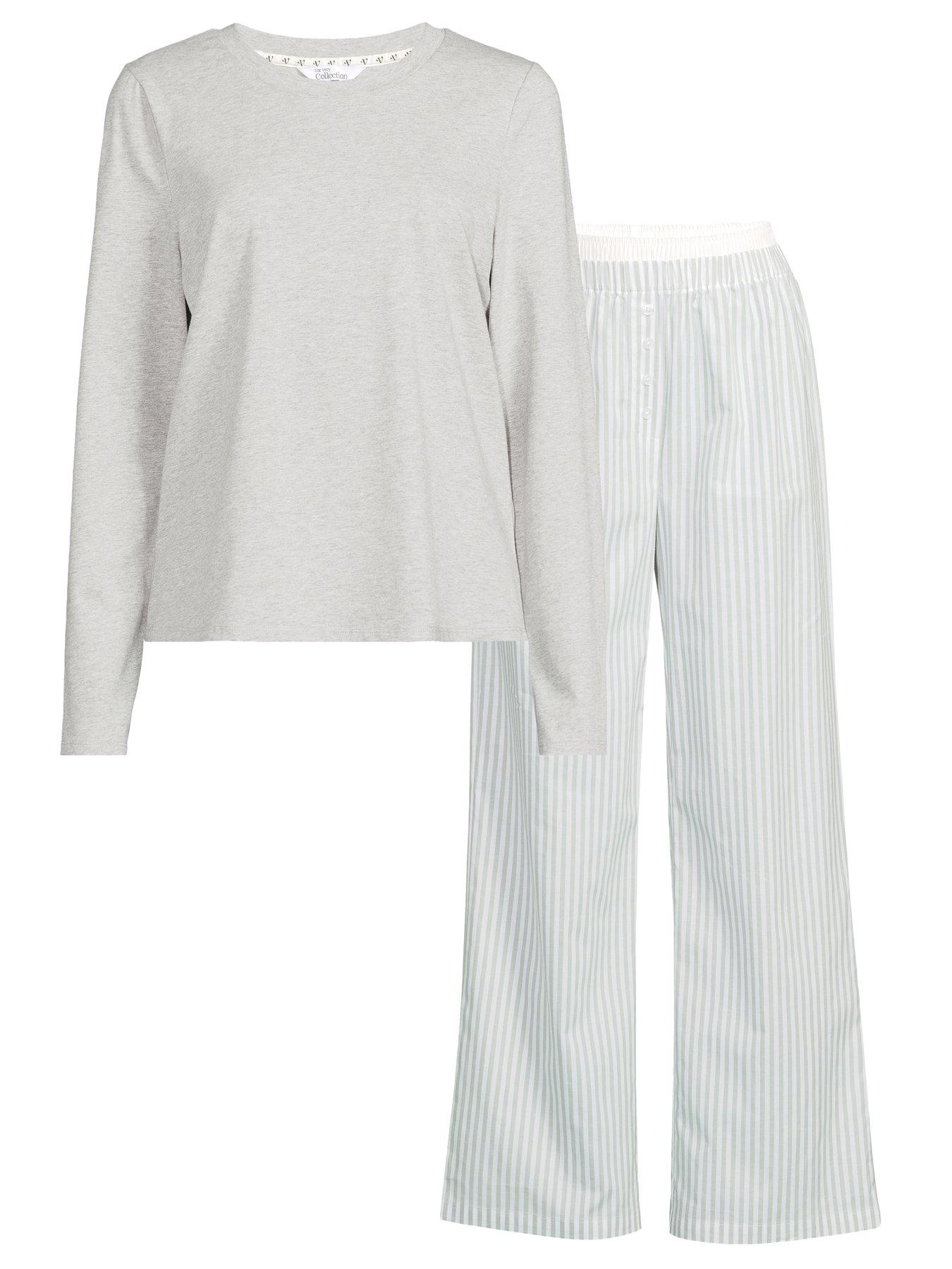 Image 7 of 7 of The Very Collection Jersey Long Sleeve Top With Stripe Woven Bottom Pyjama Set - Grey